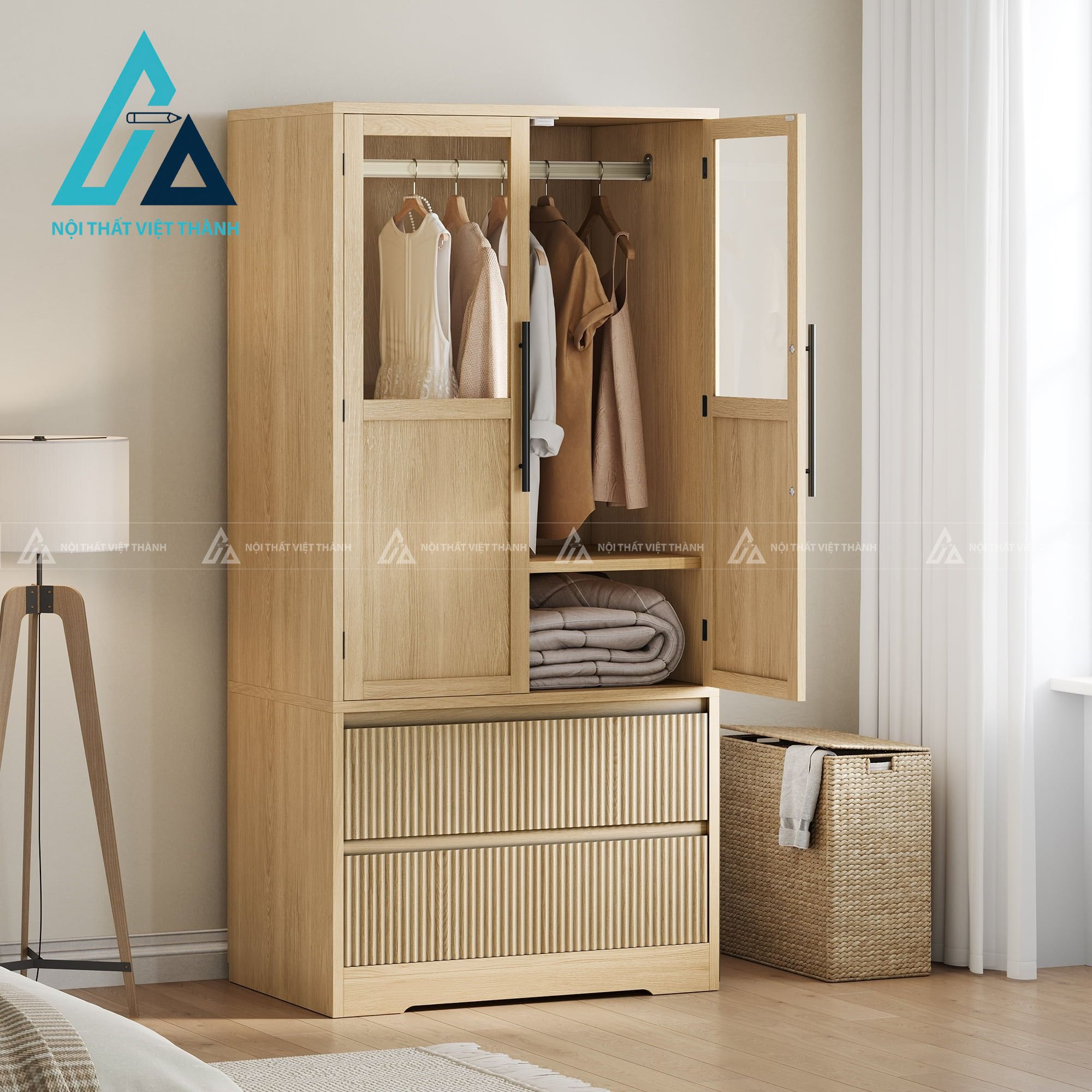 Tủ quần áo MDF 2 cánh có ngăn kéo tiện ích thiết kế hiện đại