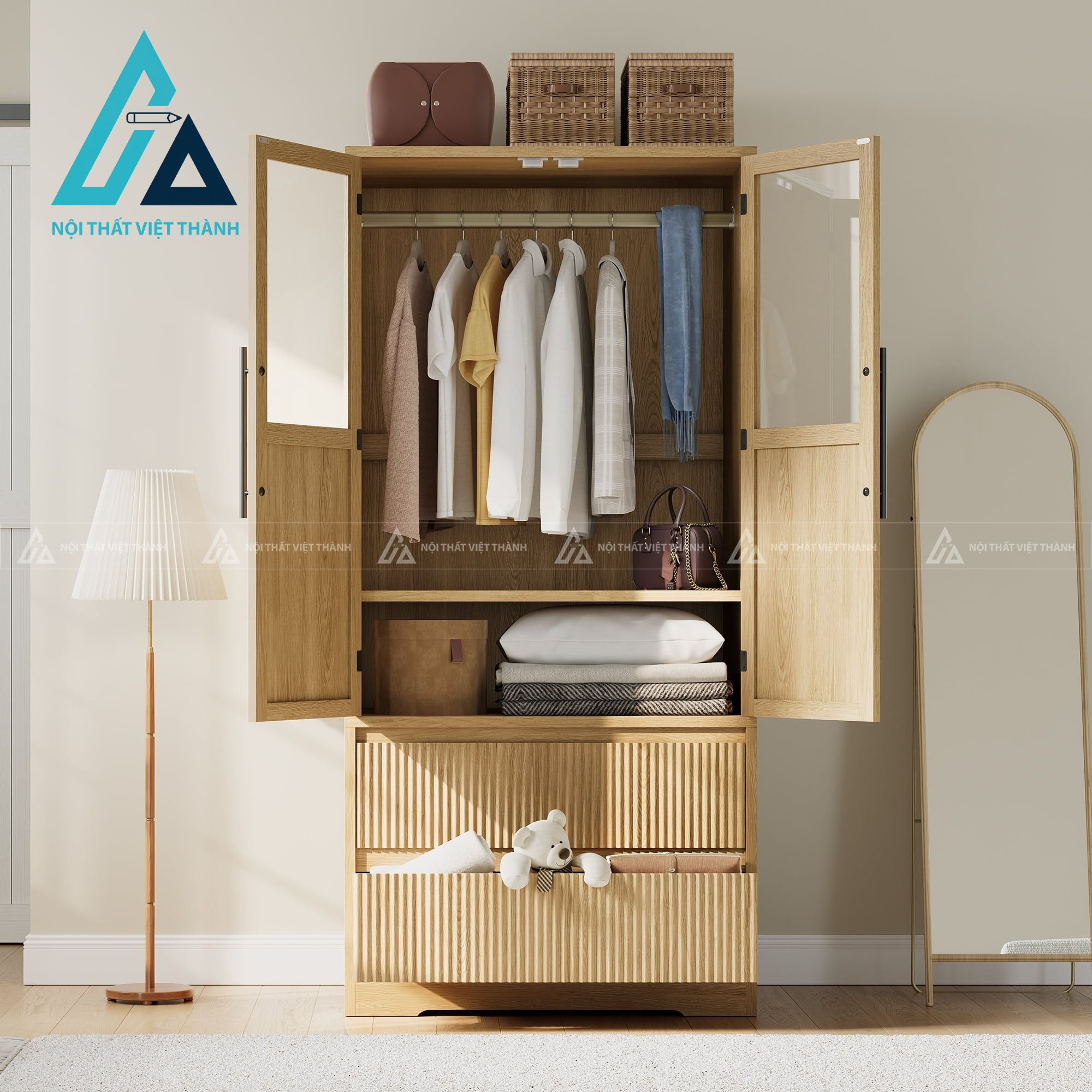 Tủ quần áo MDF 2 cánh có ngăn kéo tiện ích thiết kế hiện đại 3
