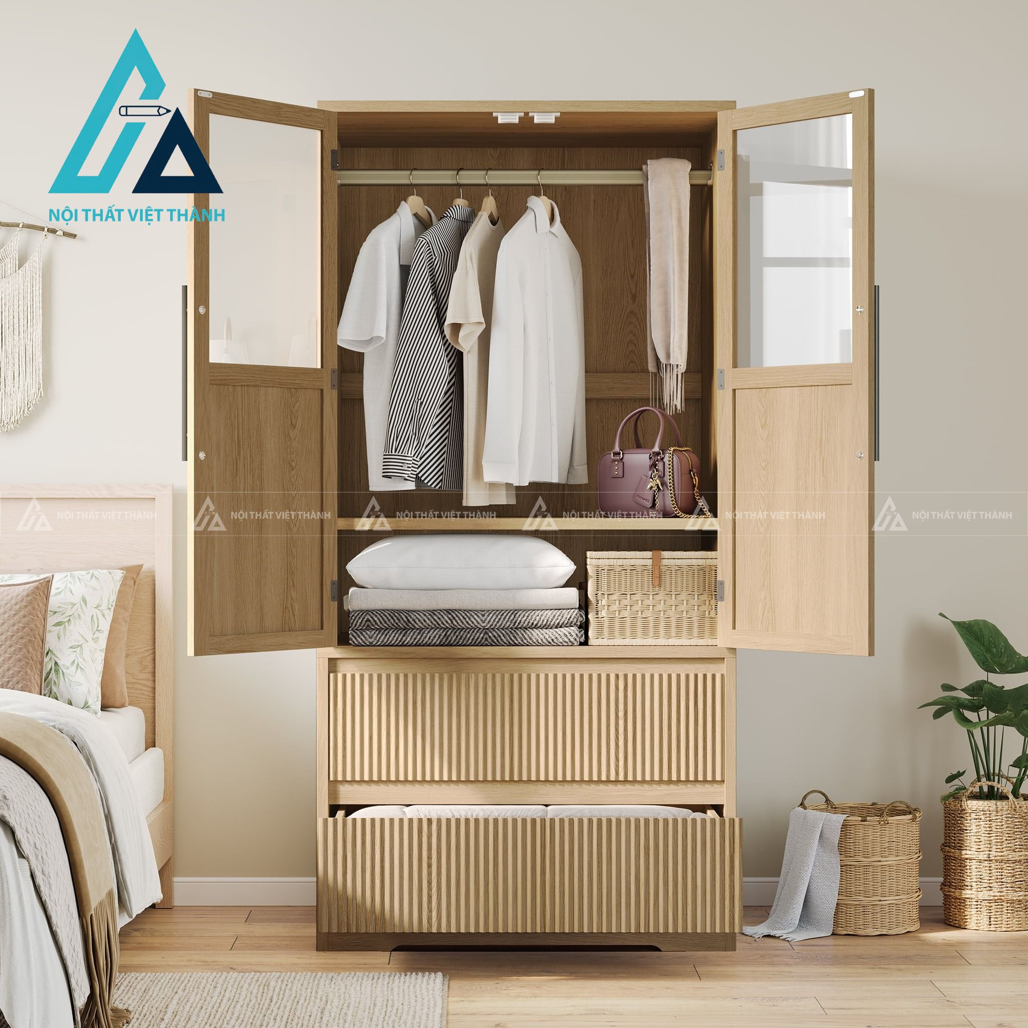 Tủ quần áo MDF 2 cánh có ngăn kéo tiện ích thiết kế hiện đại 4