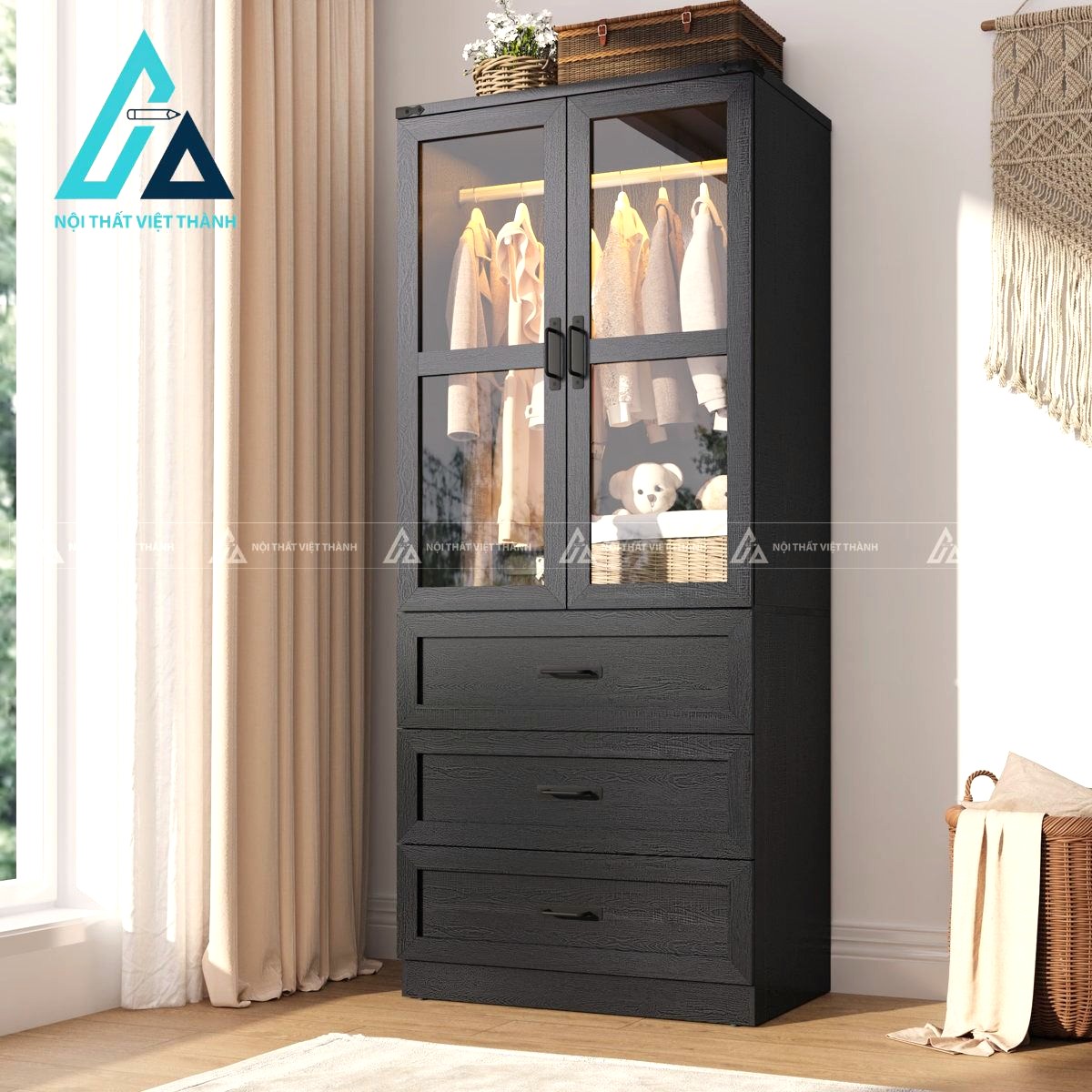 Tủ quần áo MDF 2 cánh kính hiện đại có ngăn kéo và đèn LED gọn đẹp