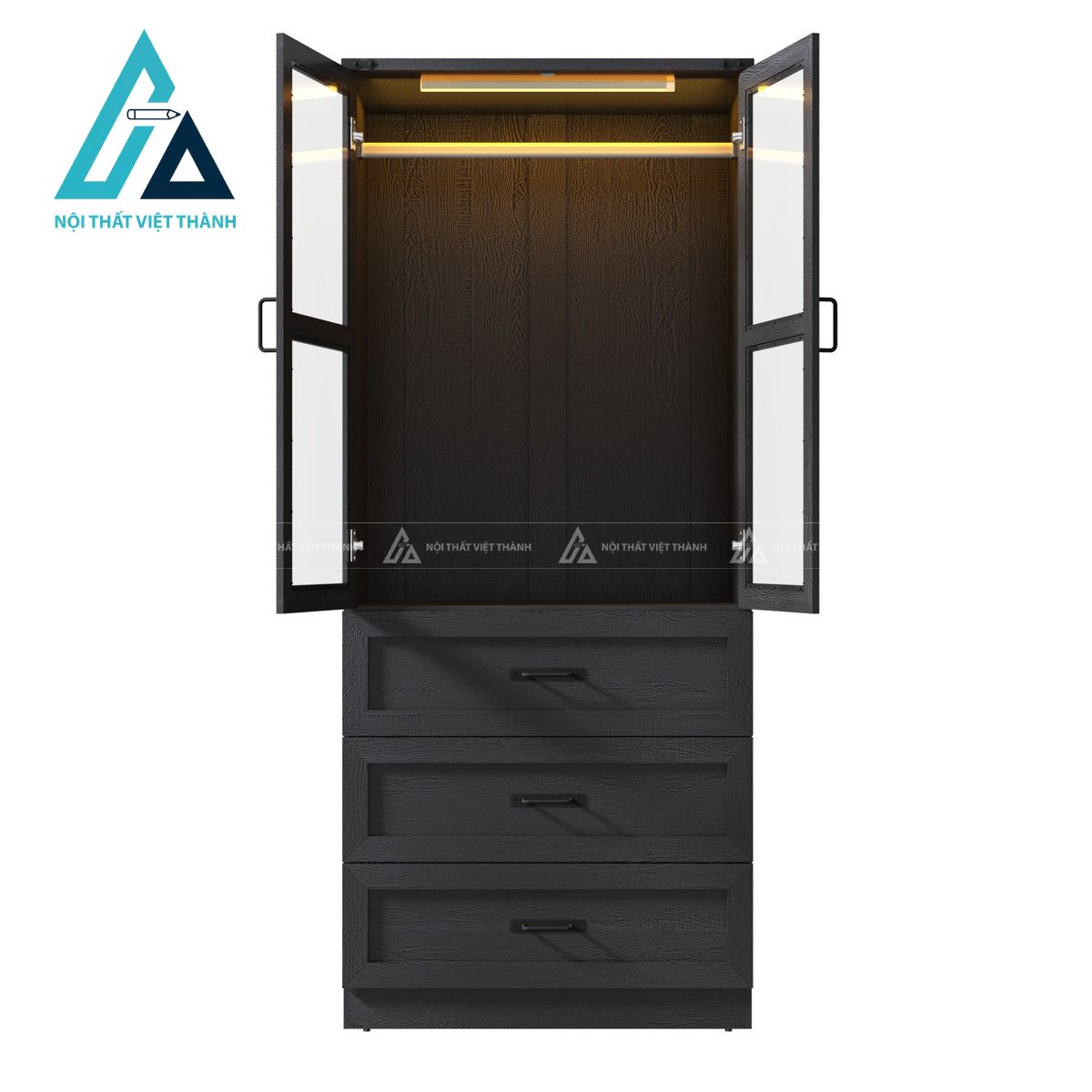 Tủ quần áo MDF 2 cánh kính hiện đại có ngăn kéo và đèn LED gọn đẹp 1