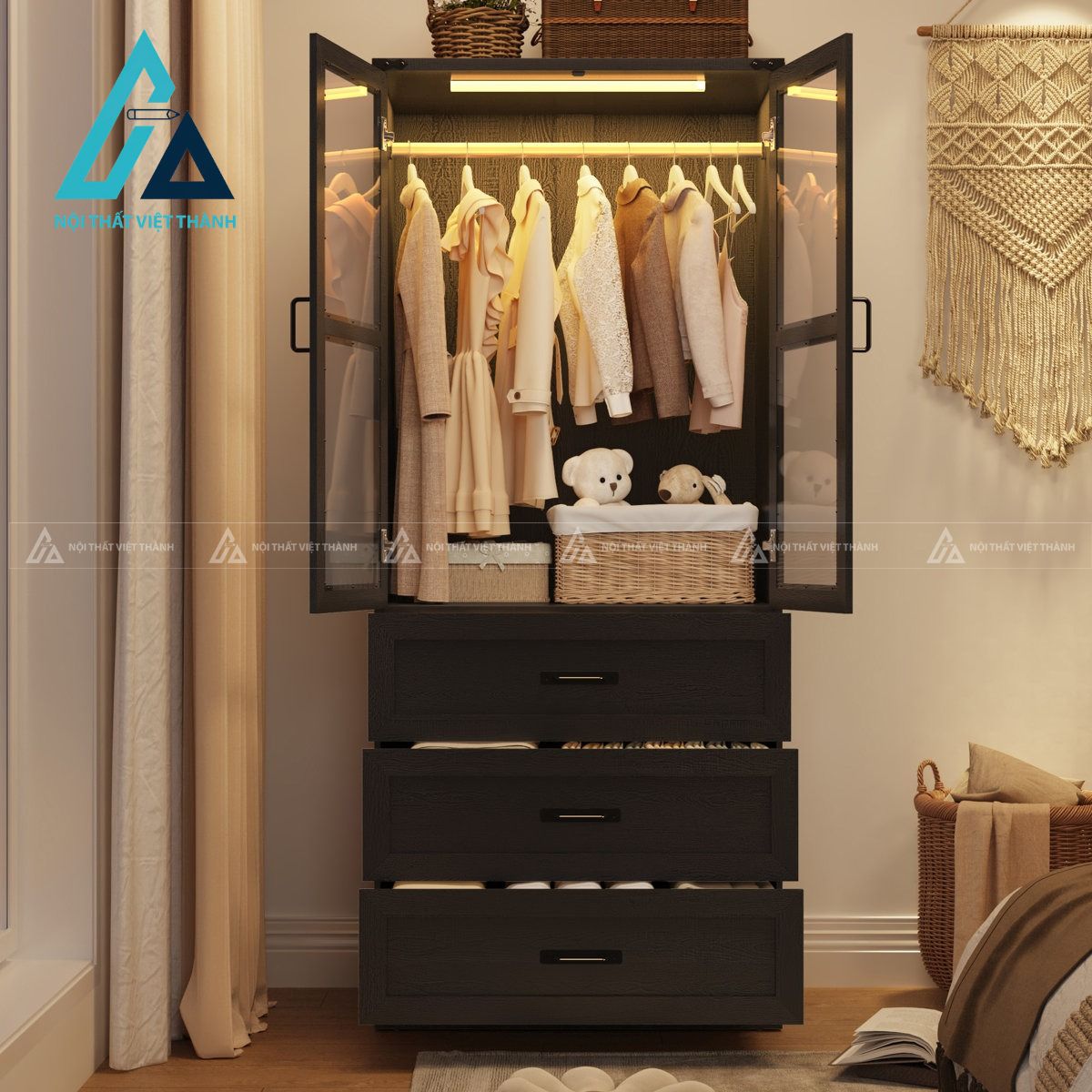 Tủ quần áo MDF 2 cánh kính hiện đại có ngăn kéo và đèn LED gọn đẹp 2