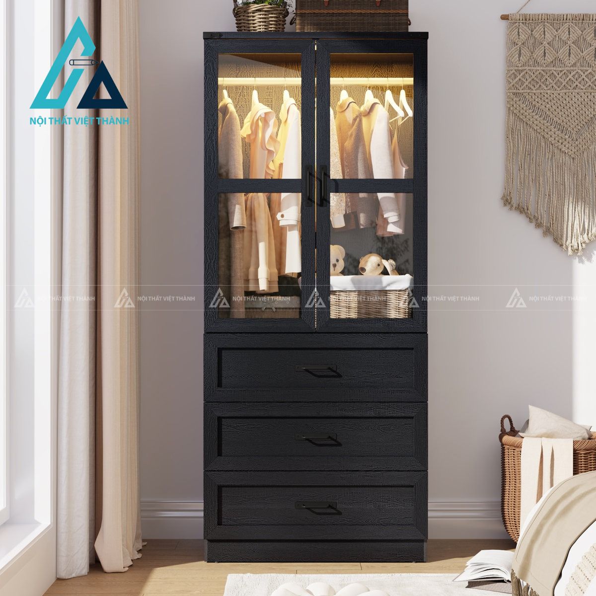 Tủ quần áo MDF 2 cánh kính hiện đại có ngăn kéo và đèn LED gọn đẹp 3