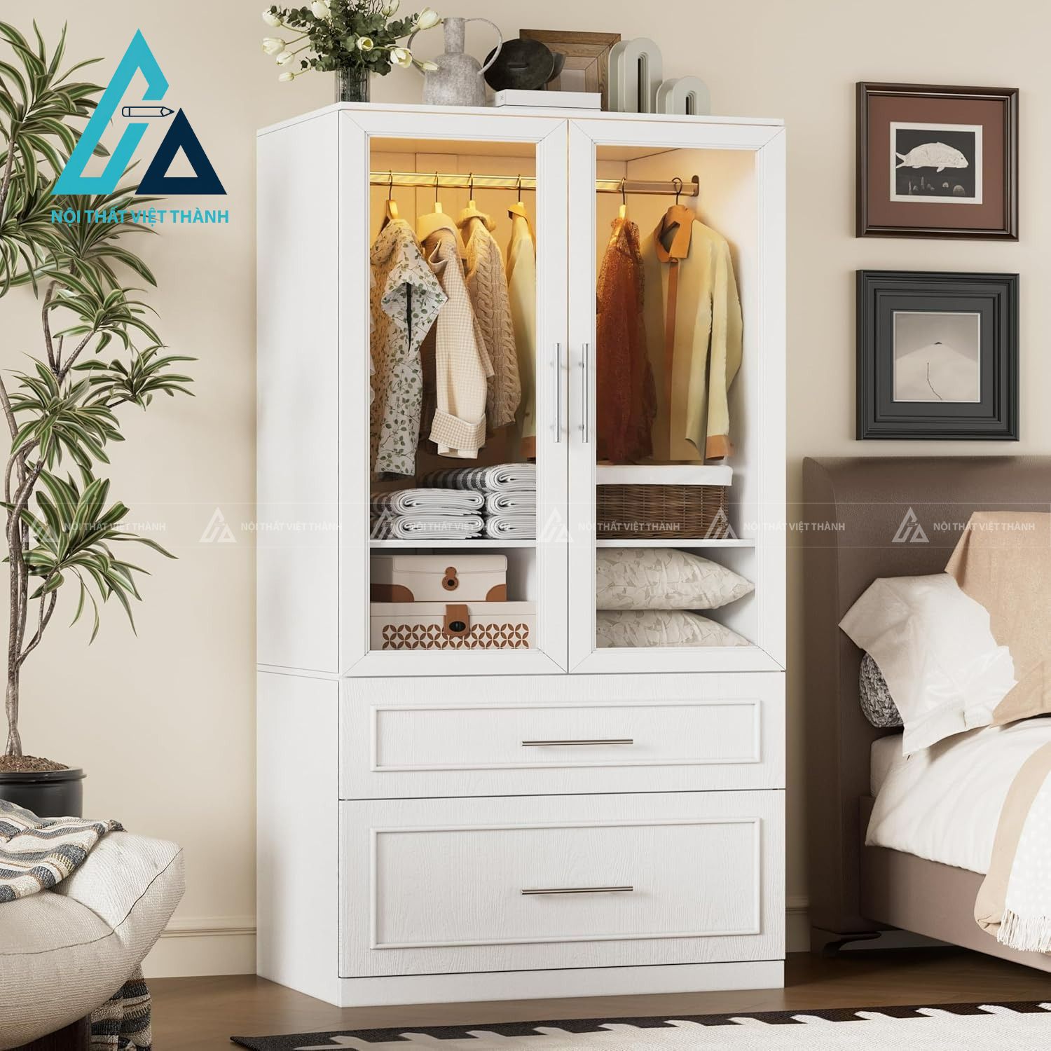 Tủ quần áo MDF 2 cánh kính hiện đại có ngăn kéo và đèn LED tiện lợi