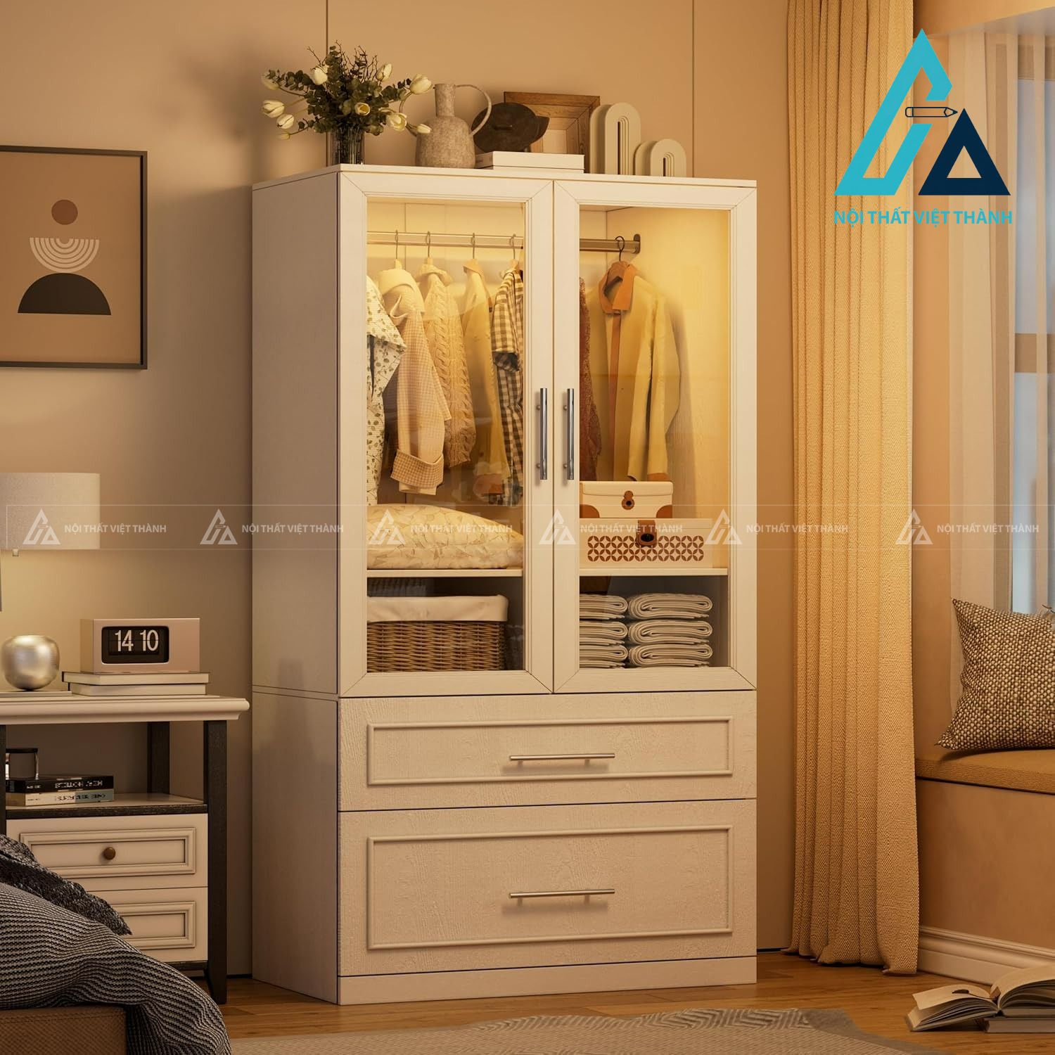 Tủ quần áo MDF 2 cánh kính hiện đại có ngăn kéo và đèn LED tiện lợi 1