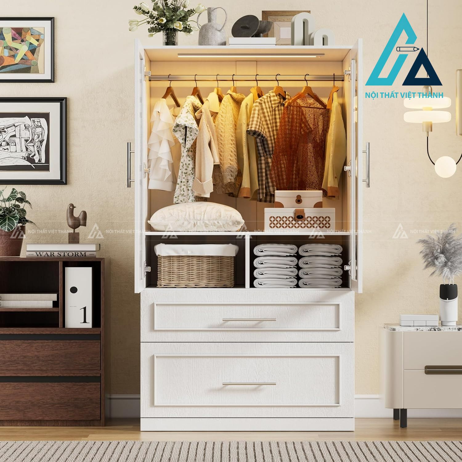 Tủ quần áo MDF 2 cánh kính hiện đại có ngăn kéo và đèn LED tiện lợi 2