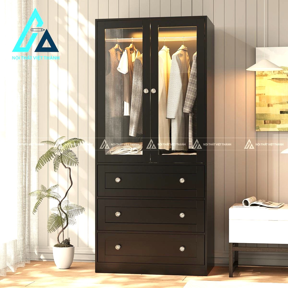 Tủ quần áo MDF 2 cánh kính hiện đại có ngăn kéo và đèn LED tiện nghi