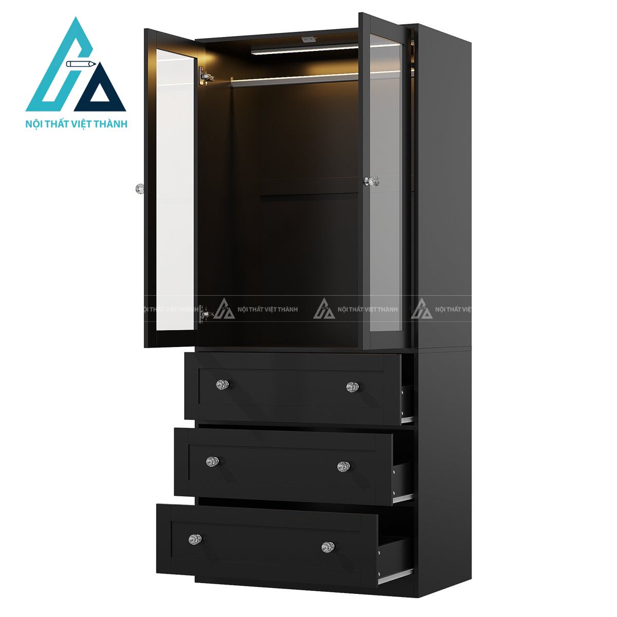 Tủ quần áo MDF 2 cánh kính hiện đại có ngăn kéo và đèn LED tiện nghi 1