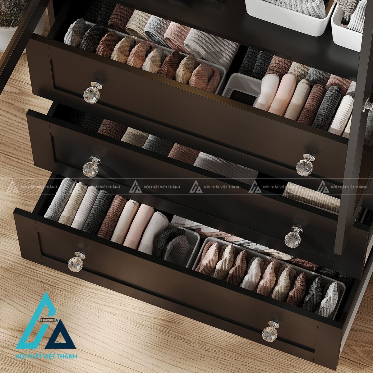 Tủ quần áo MDF 2 cánh kính hiện đại có ngăn kéo và đèn LED tiện nghi 2