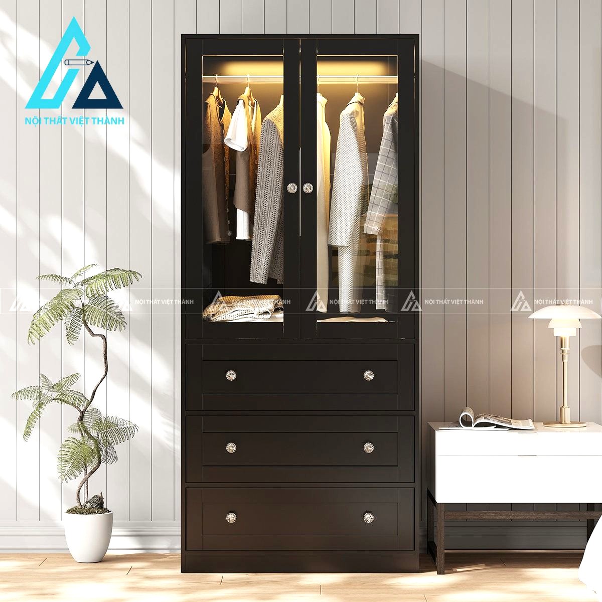 Tủ quần áo MDF 2 cánh kính hiện đại có ngăn kéo và đèn LED tiện nghi 3