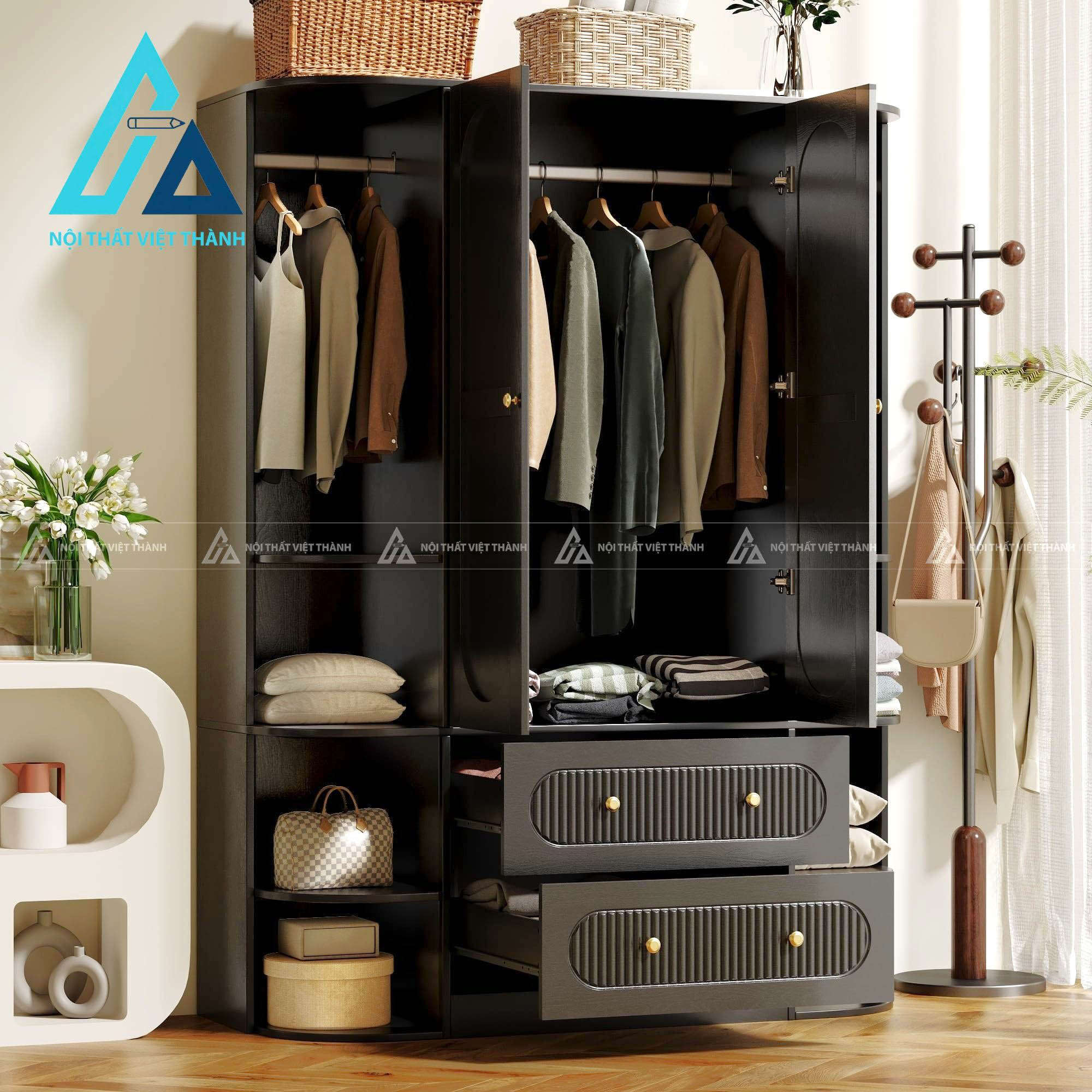 Tủ quần áo MDF 2 cánh màu đen sọc đứng phủ Melamine hiện đại cao cấp