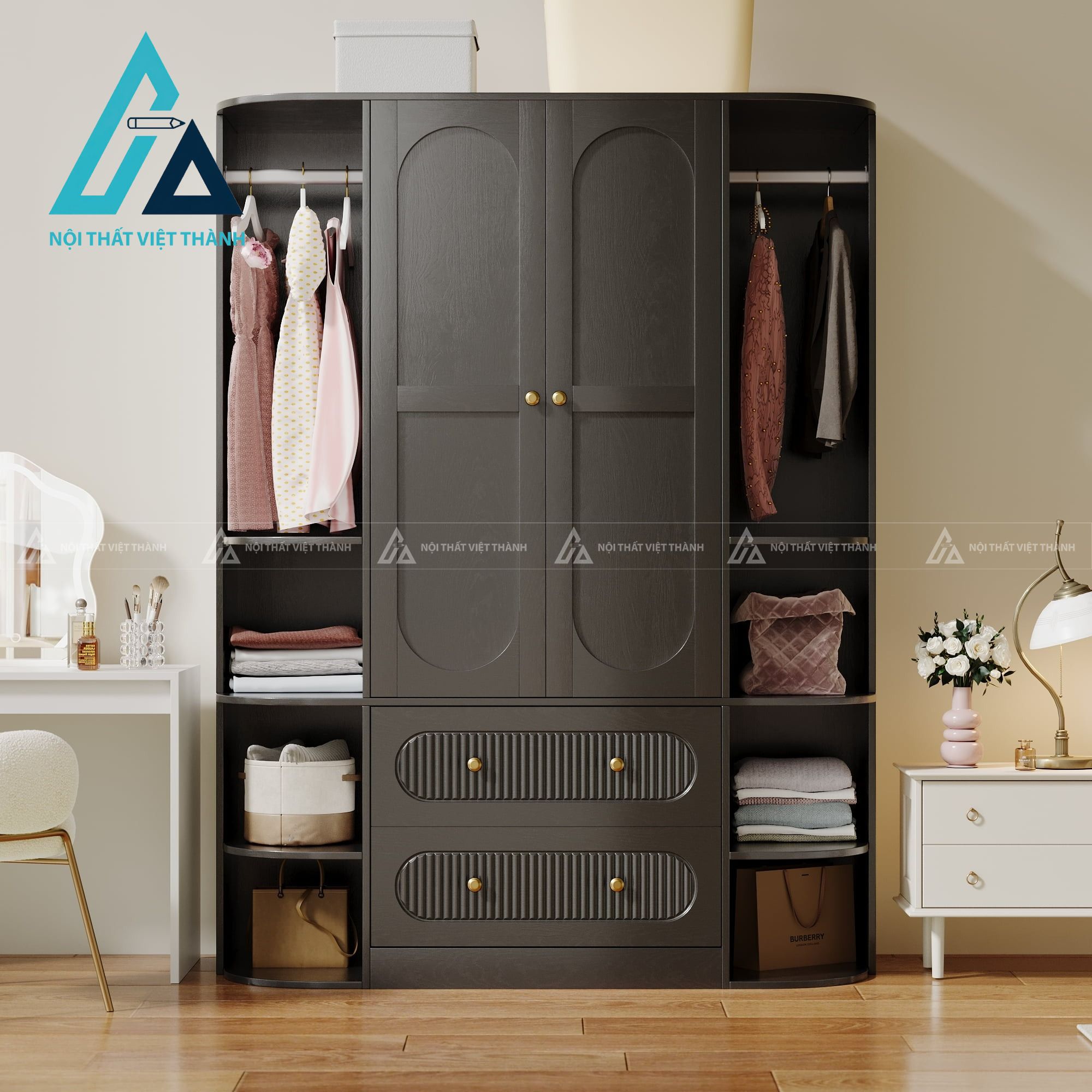 Tủ quần áo MDF 2 cánh màu đen sọc đứng phủ Melamine hiện đại cao cấp 1