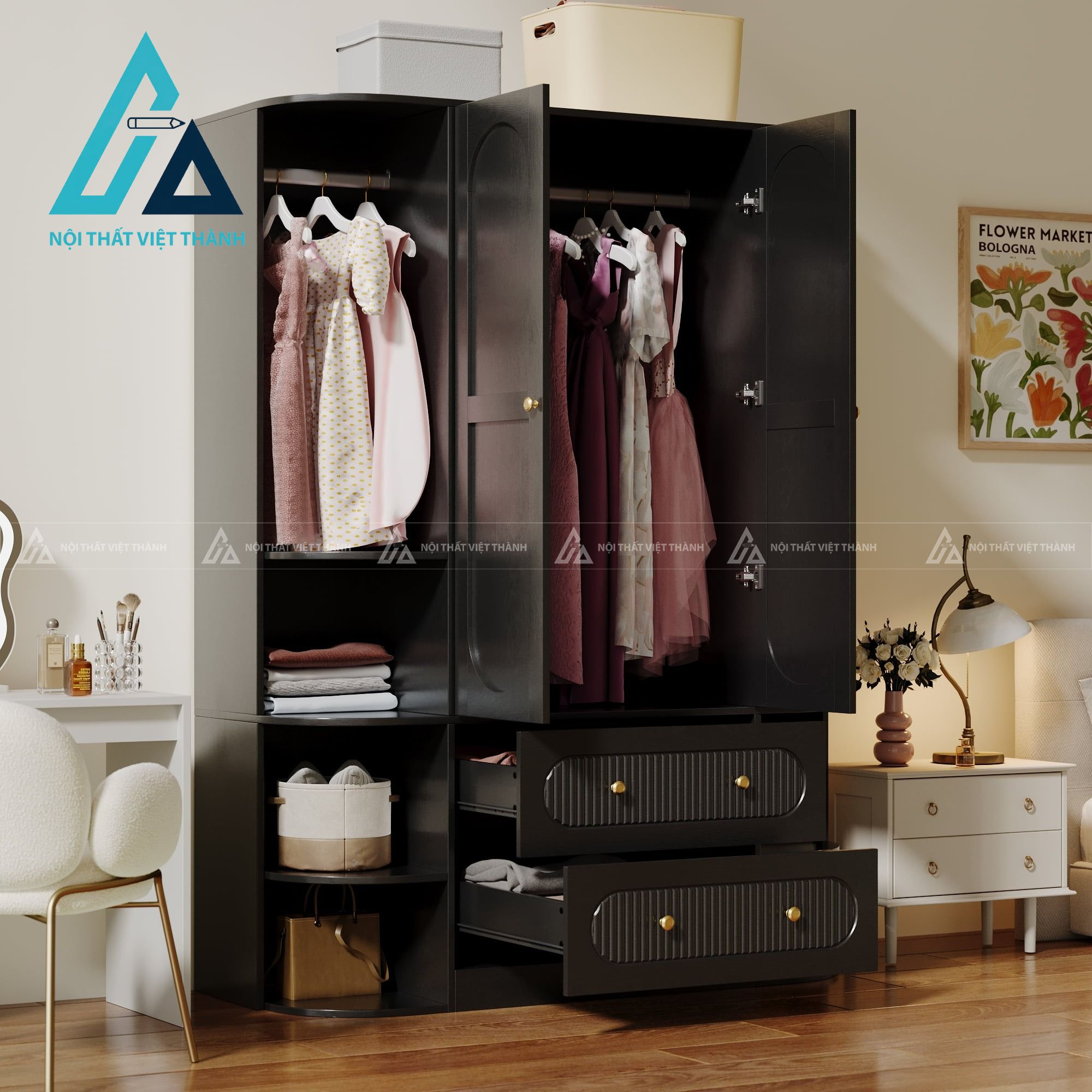 Tủ quần áo MDF 2 cánh màu đen sọc đứng phủ Melamine hiện đại cao cấp 2