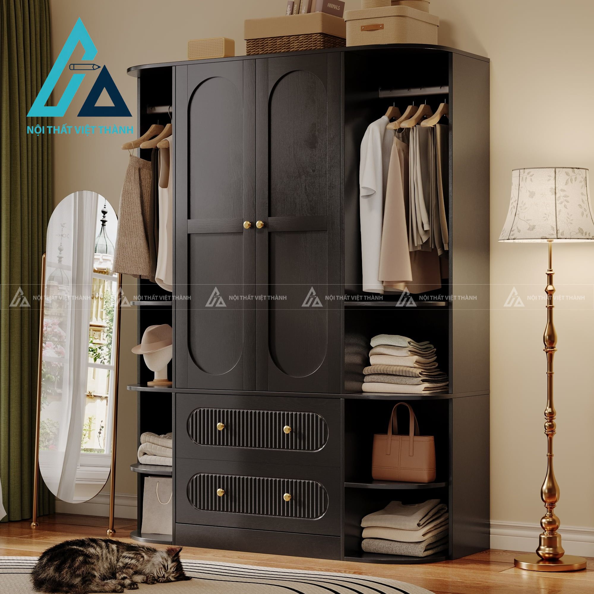 Tủ quần áo MDF 2 cánh màu đen sọc đứng phủ Melamine hiện đại cao cấp 4