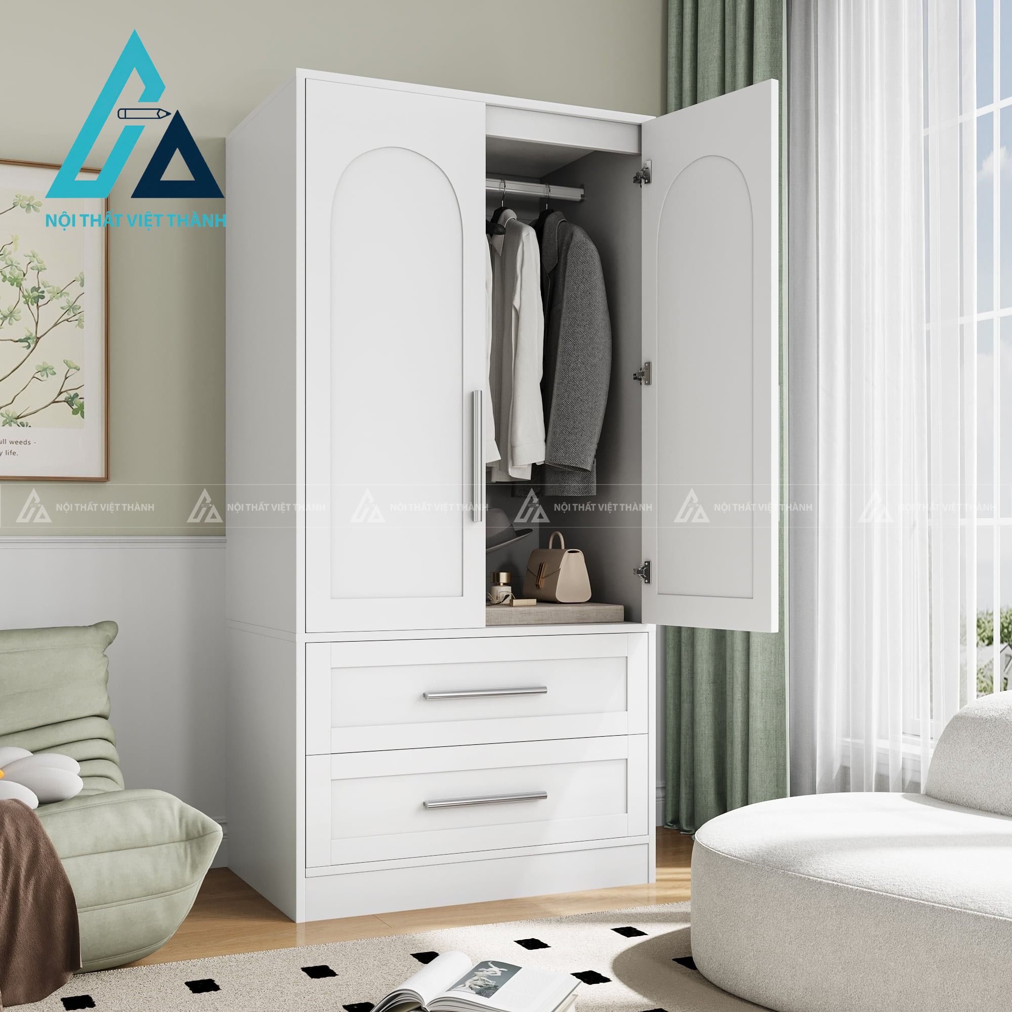 Tủ quần áo MDF 2 cánh màu trắng hiện đại có ngăn kéo tiện lợi