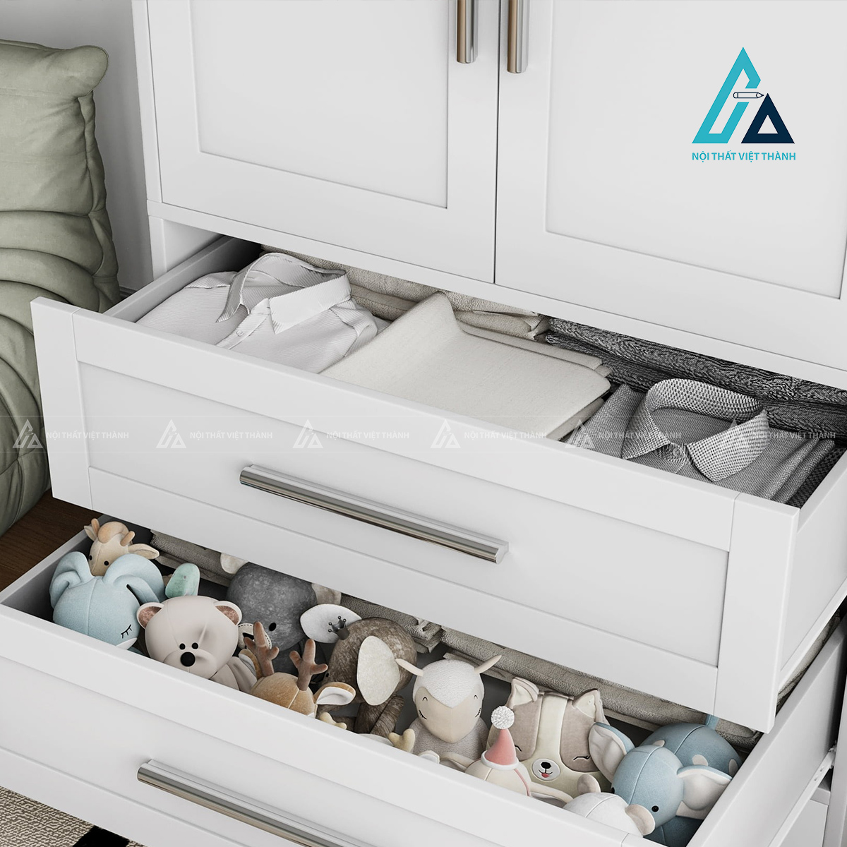 Tủ quần áo MDF 2 cánh màu trắng hiện đại có ngăn kéo tiện lợi 2