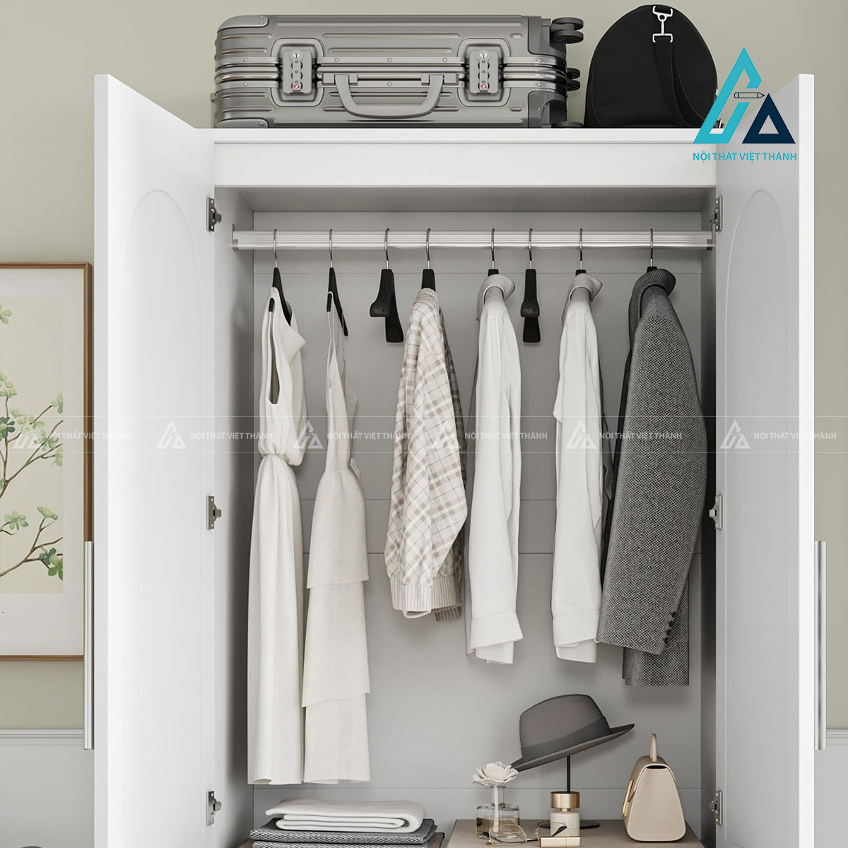 Tủ quần áo MDF 2 cánh màu trắng hiện đại có ngăn kéo tiện lợi 3