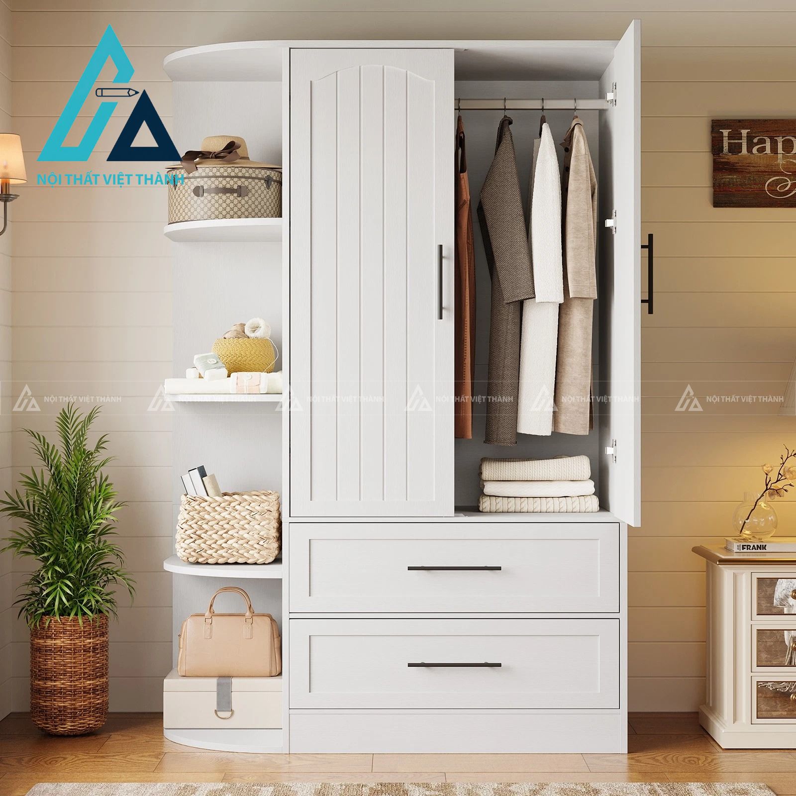 Tủ quần áo MDF 2 cánh màu trắng hiện đại kèm 2 ngăn kéo tiện lợi