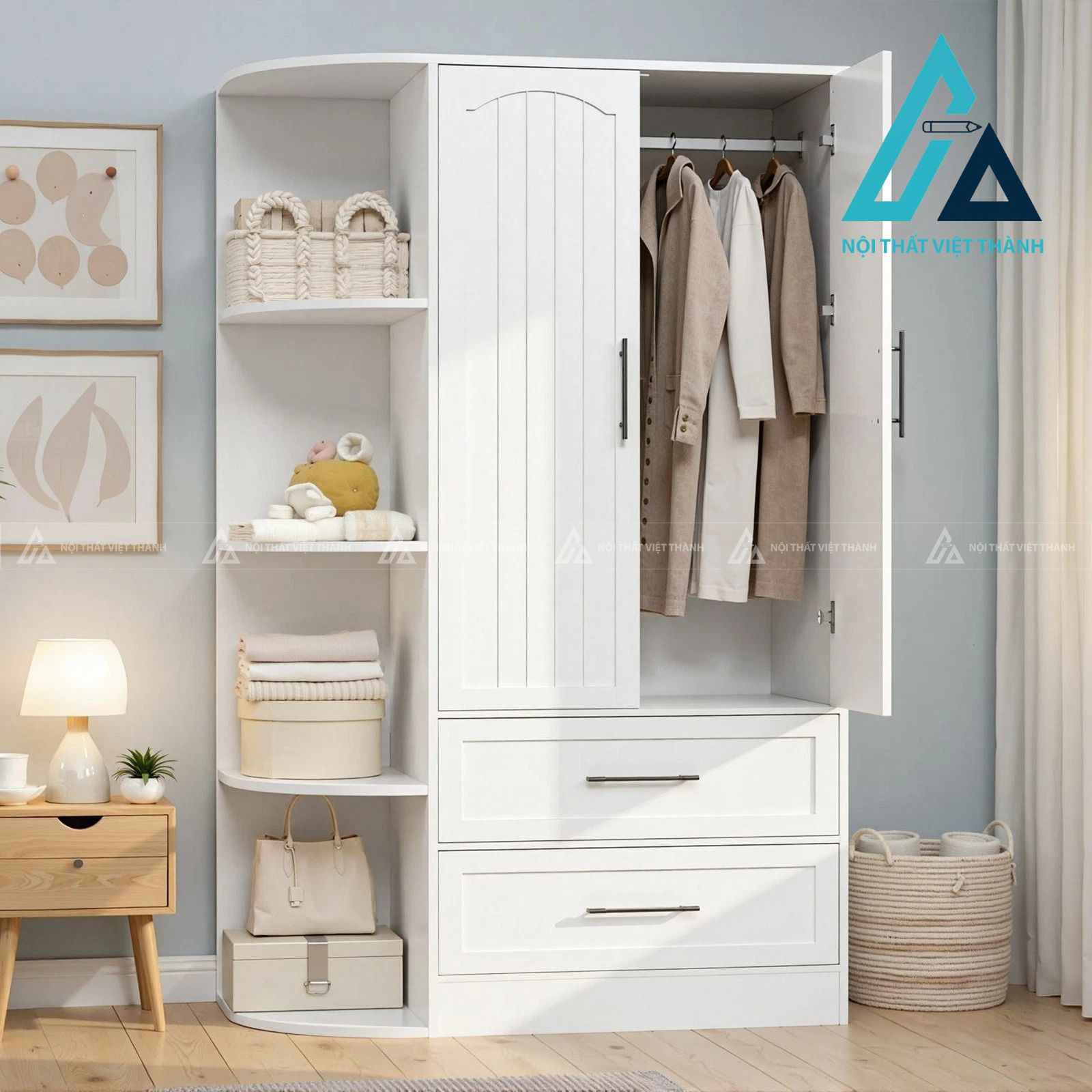 Tủ quần áo MDF 2 cánh màu trắng hiện đại kèm 2 ngăn kéo tiện lợi 1