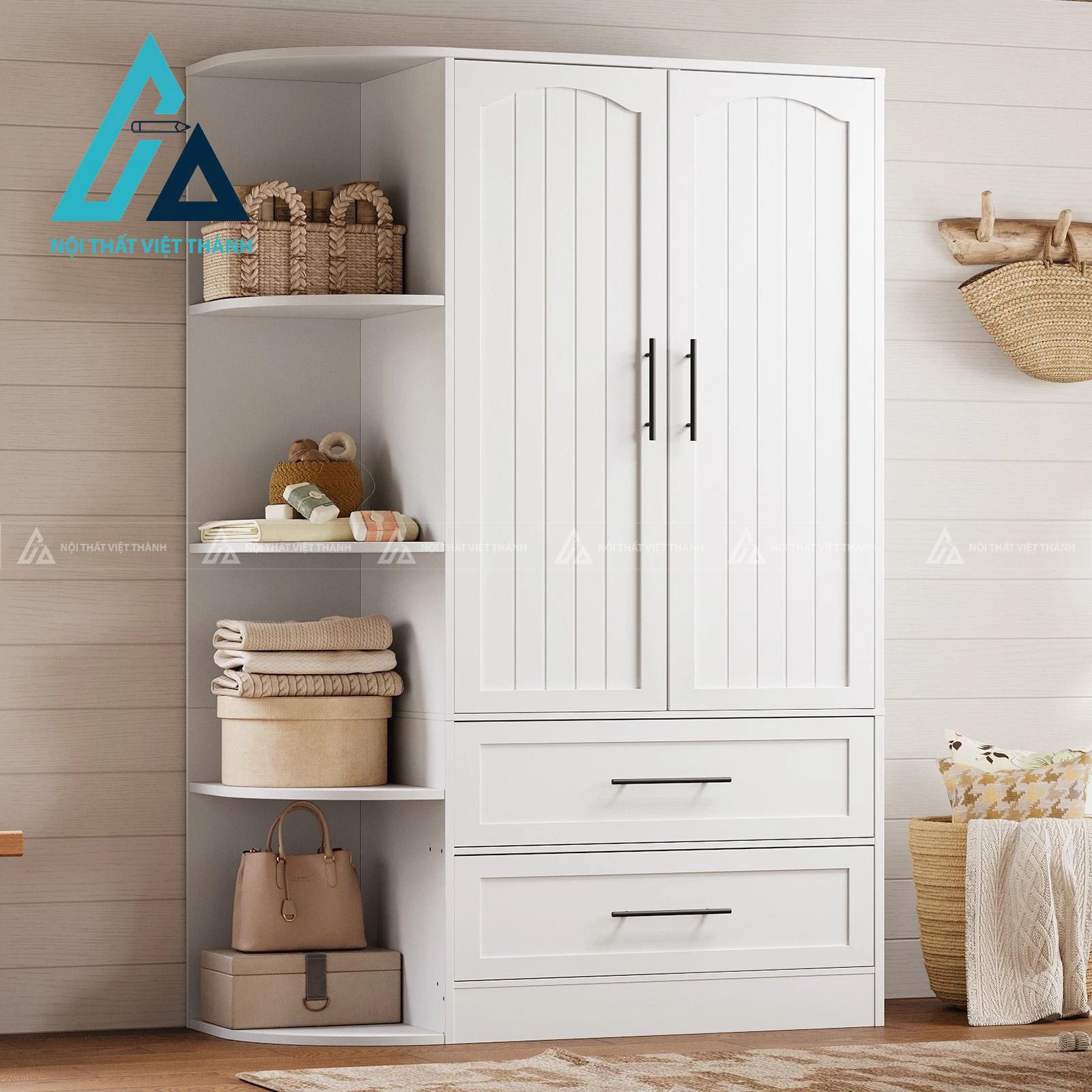 Tủ quần áo MDF 2 cánh màu trắng hiện đại kèm 2 ngăn kéo tiện lợi 2
