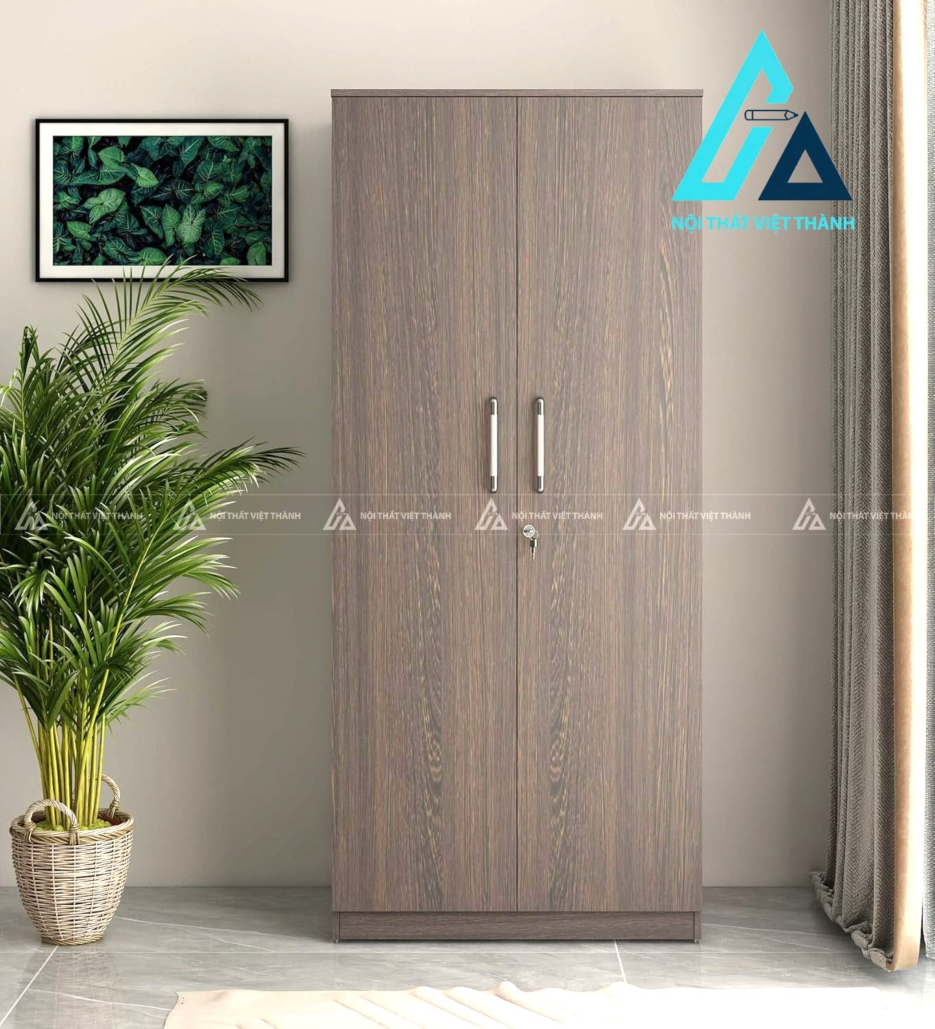 Tủ quần áo MDF 2 cánh vân gỗ hiện đại nhỏ gọn cho phòng ngủ