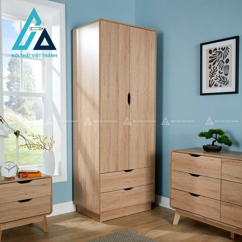 Tủ quần áo MDF 2 cánh vân gỗ sáng hiện đại có 2 ngăn kéo tiện dụng