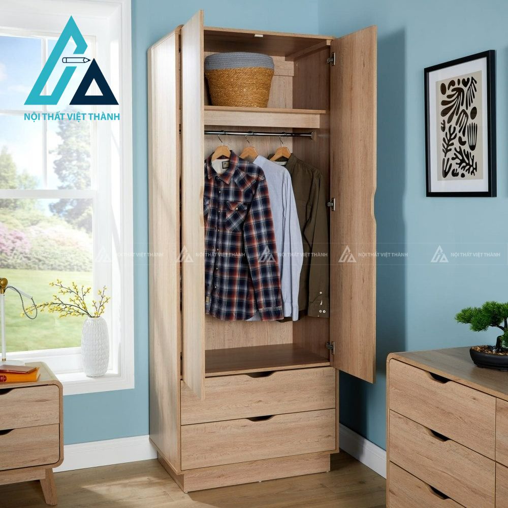 Tủ quần áo MDF 2 cánh vân gỗ sáng hiện đại có 2 ngăn kéo tiện dụng 2
