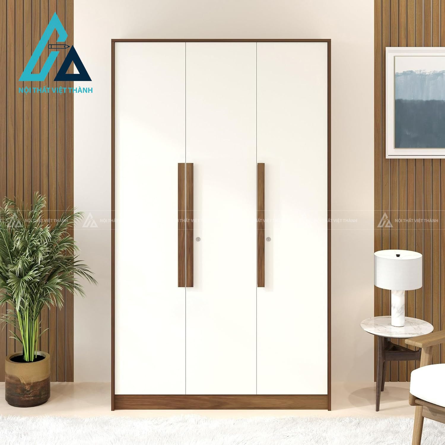 Tủ quần áo MDF 3 cánh màu nâu phối trắng phủ Melamine hiện đại