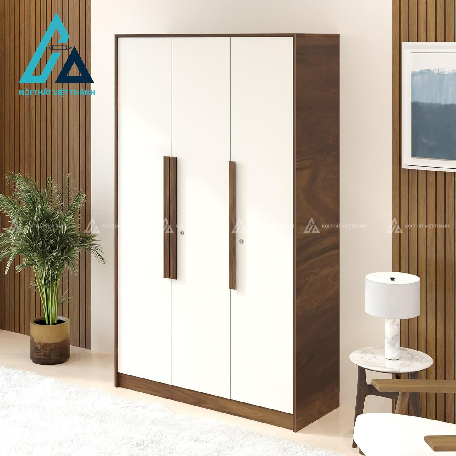 Tủ quần áo MDF 3 cánh màu nâu phối trắng phủ Melamine hiện đại 1