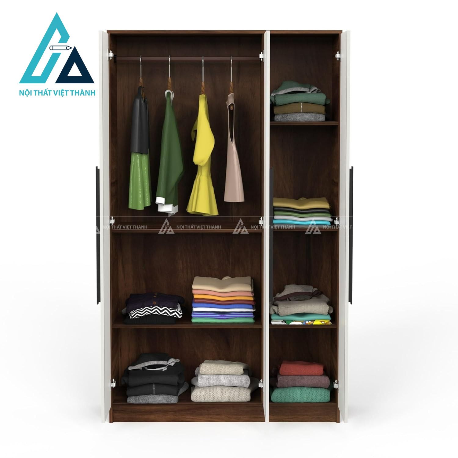 Tủ quần áo MDF 3 cánh màu nâu phối trắng phủ Melamine hiện đại 4
