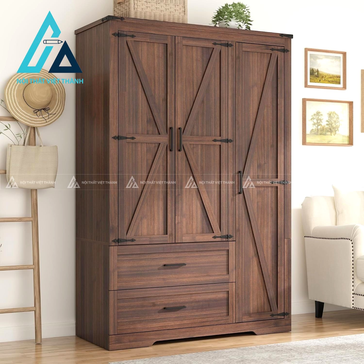 Tủ quần áo MDF 3 cánh màu nâu vân gỗ có ngăn kéo tiện dụng hiện đại