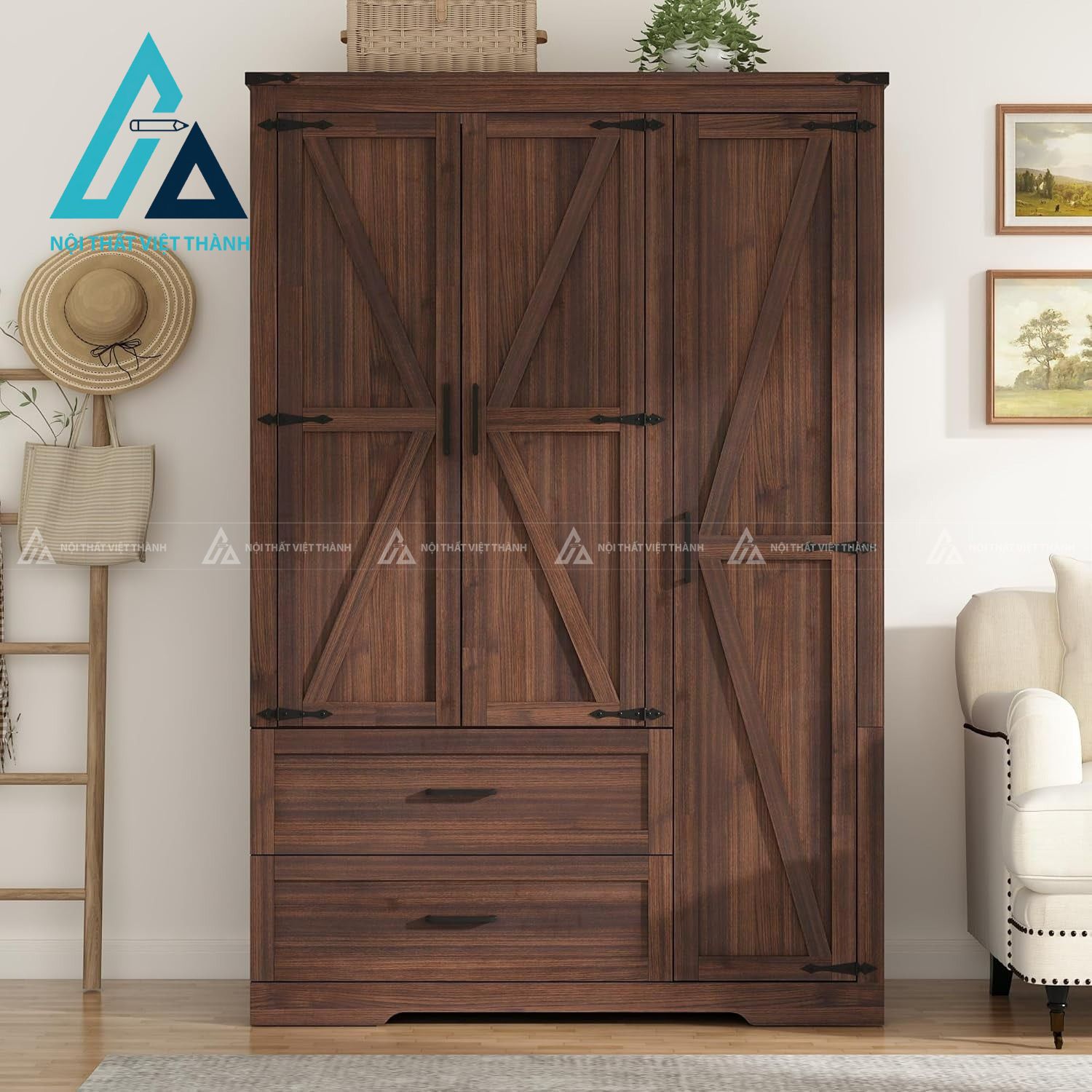 Tủ quần áo MDF 3 cánh màu nâu vân gỗ có ngăn kéo tiện dụng hiện đại 1