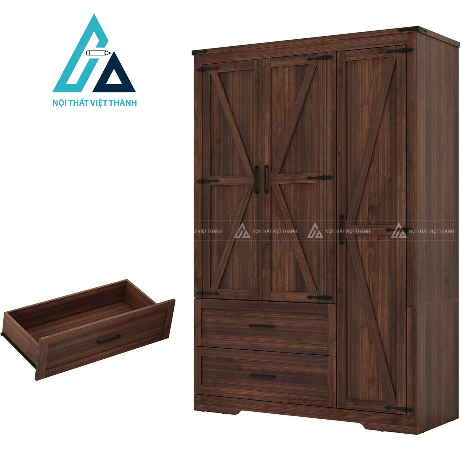 Tủ quần áo MDF 3 cánh màu nâu vân gỗ có ngăn kéo tiện dụng hiện đại 2