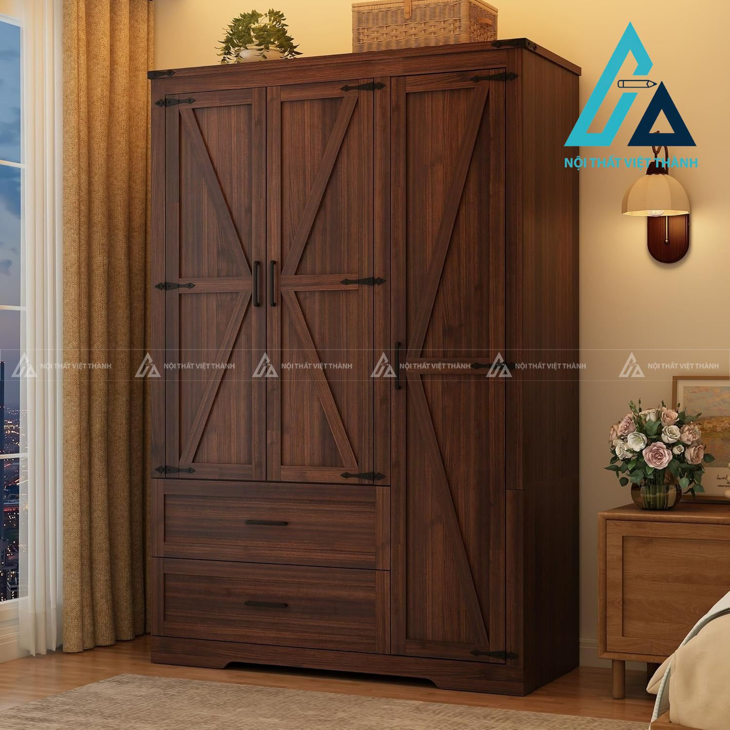 Tủ quần áo MDF 3 cánh màu nâu vân gỗ có ngăn kéo tiện dụng hiện đại 3