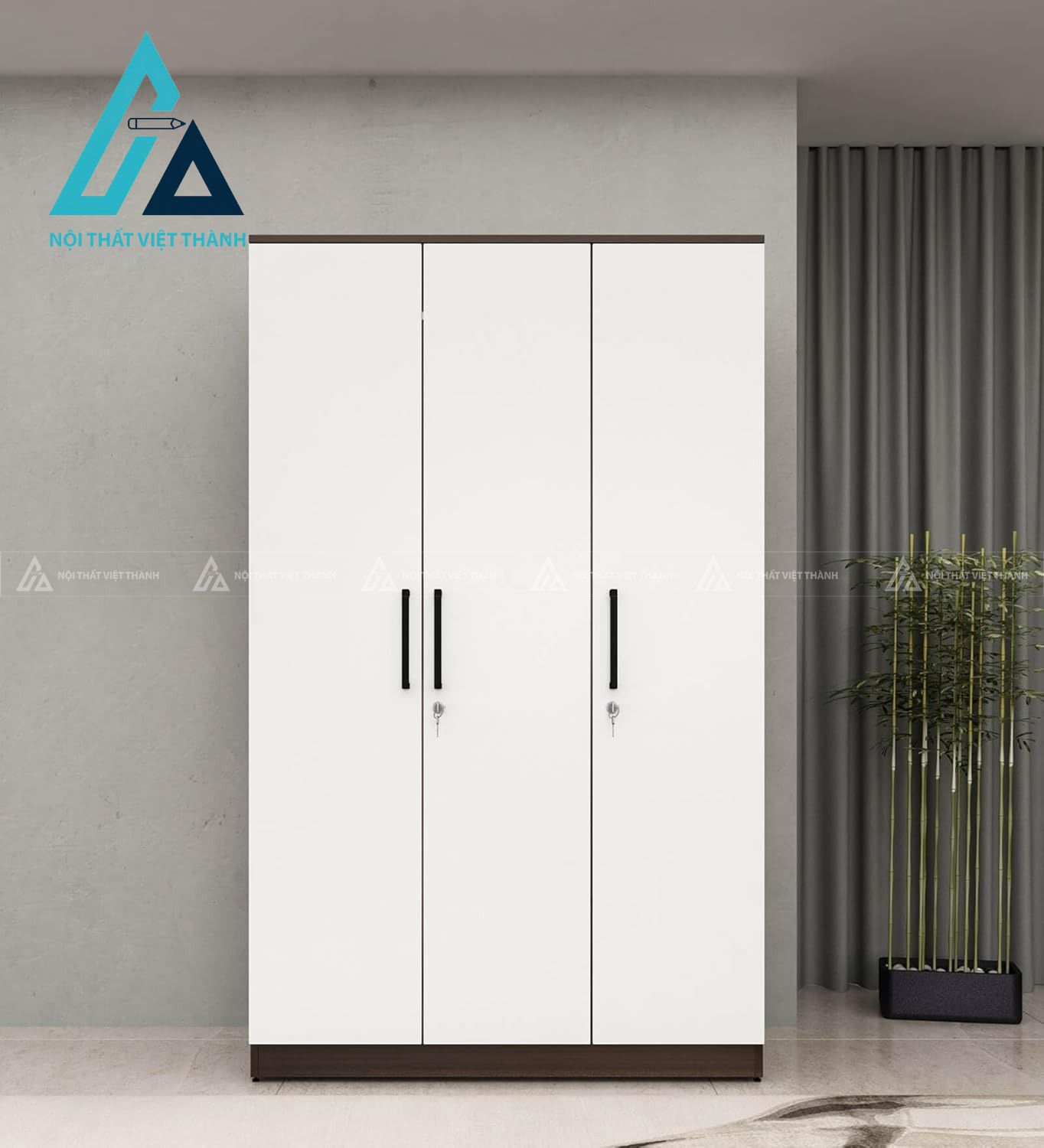 Tủ quần áo MDF 3 cánh màu trắng phủ melamine hiện đại tiện dụng