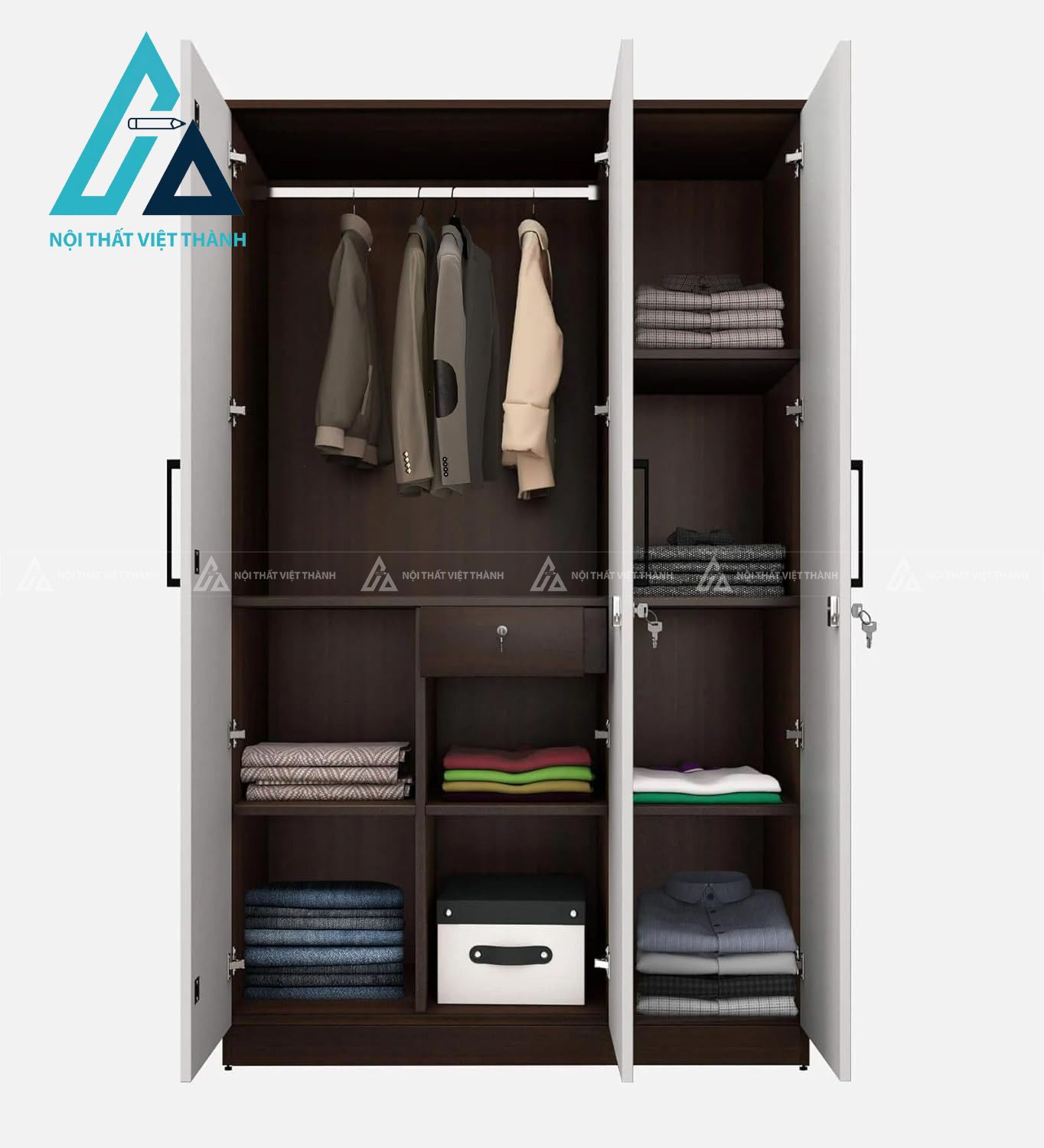 Tủ quần áo MDF 3 cánh màu trắng phủ melamine hiện đại tiện dụng 4
