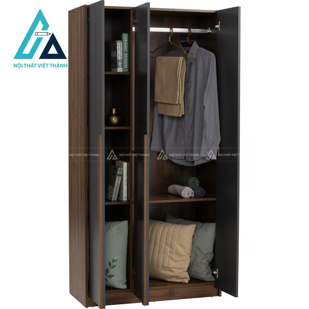 Tủ quần áo MDF 3 cánh màu óc chó phong cách retro hiện đại tiện dụng 1