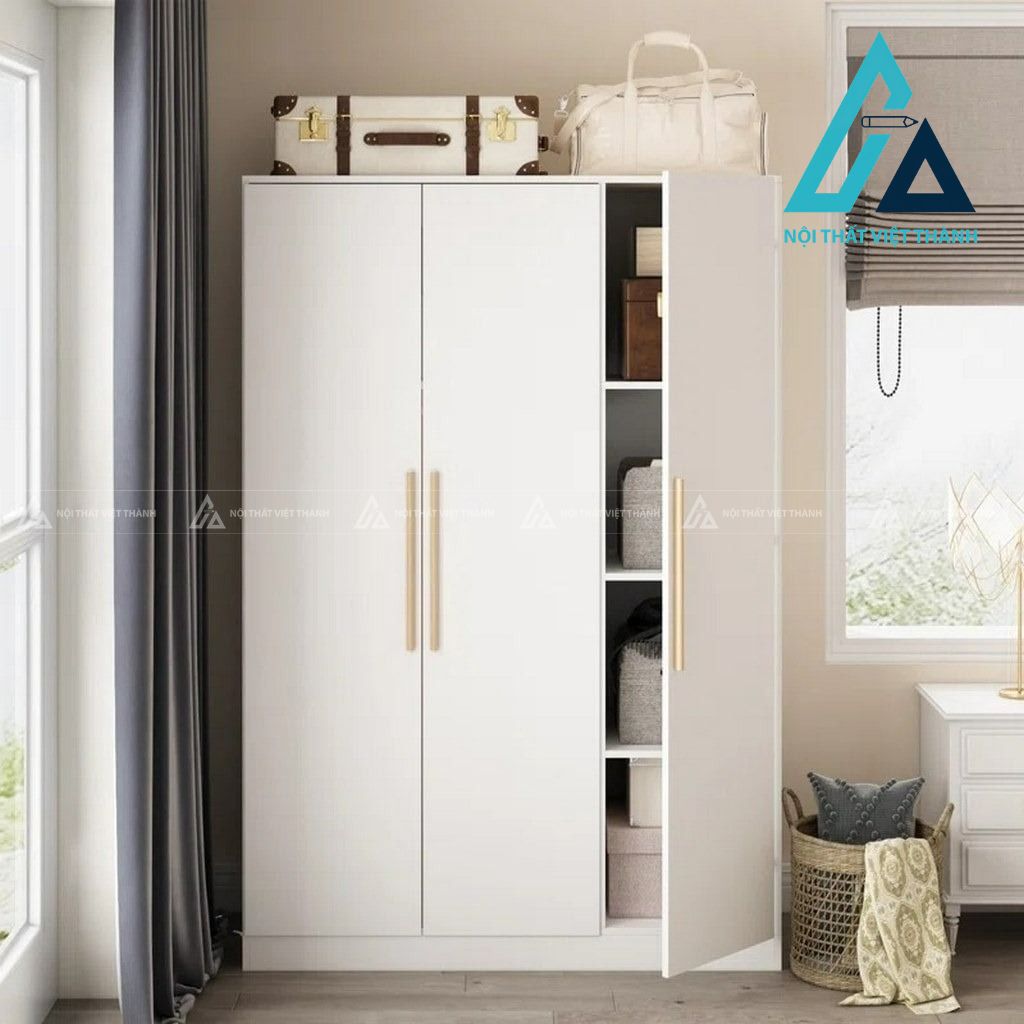 Tủ quần áo MDF 3 cánh sơn trắng hiện đại có kệ và thanh treo tiện dụng 2