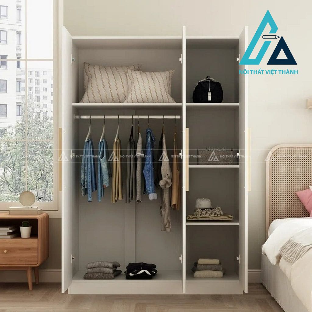 Tủ quần áo MDF 3 cánh sơn trắng hiện đại có kệ và thanh treo tiện dụng 3