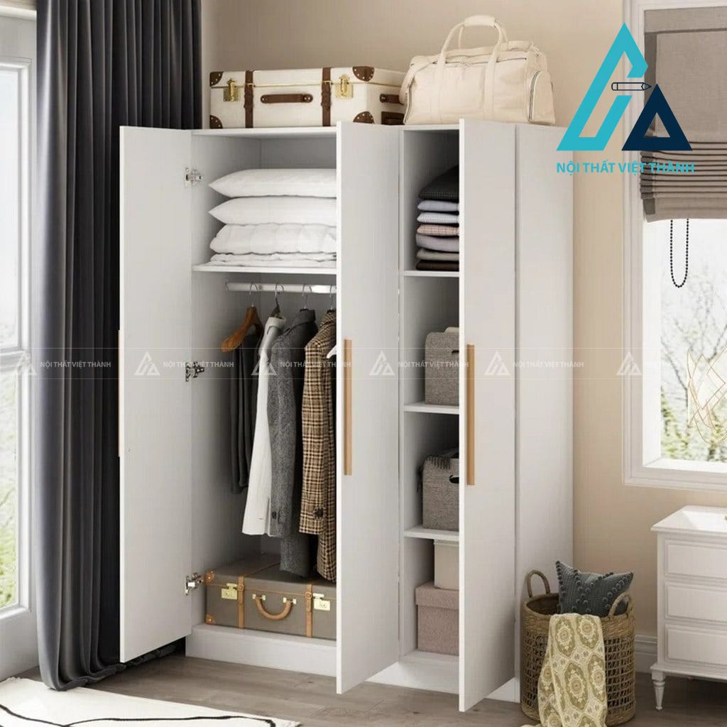 Tủ quần áo MDF 3 cánh sơn trắng hiện đại có kệ và thanh treo tiện dụng 4