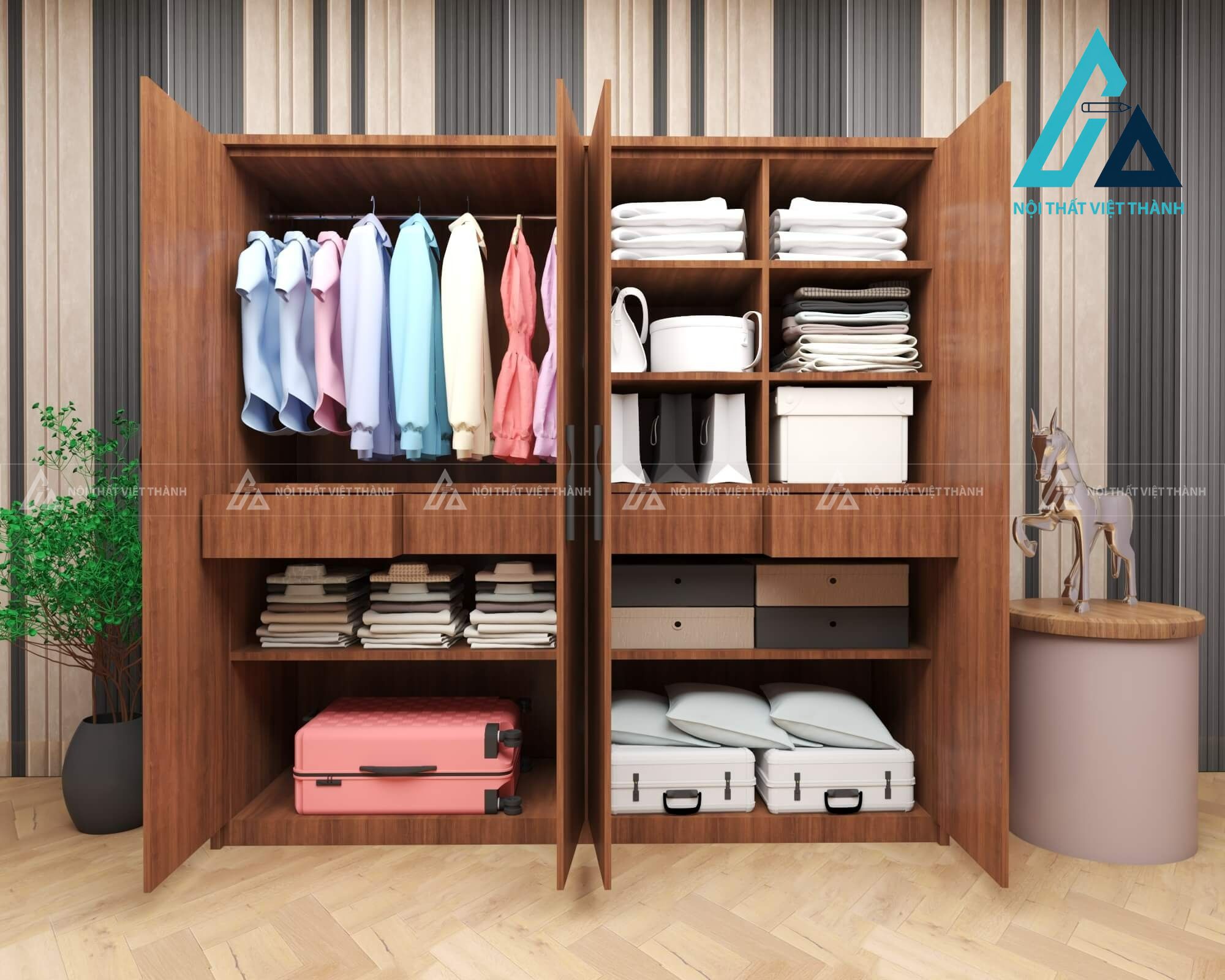 Tủ quần áo MDF 4 cánh hiện đại đa năng cho phòng ngủ rộng rãi tiện nghi