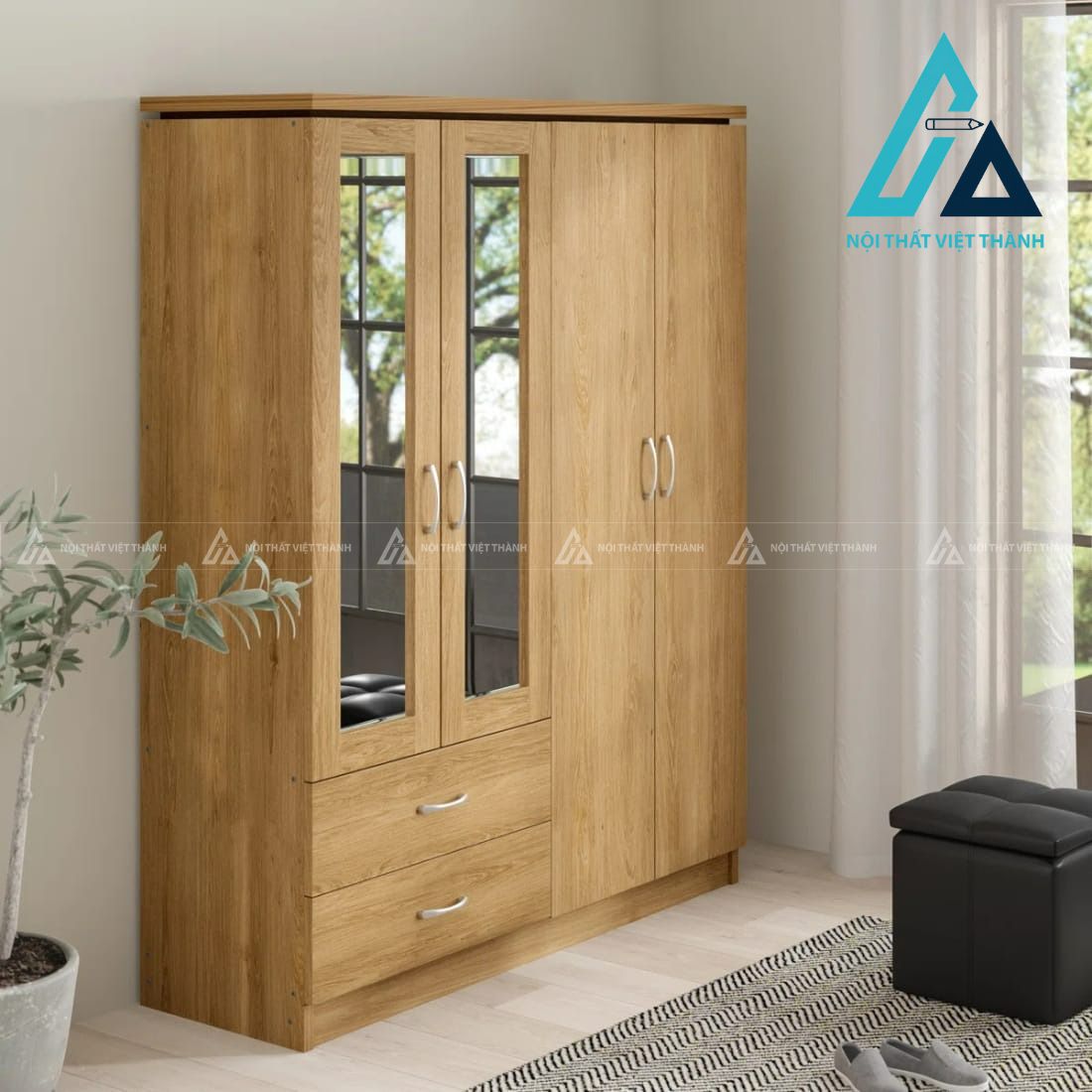 Tủ quần áo MDF 4 cánh màu gỗ tự nhiên có gương phủ melamine hiện đại
