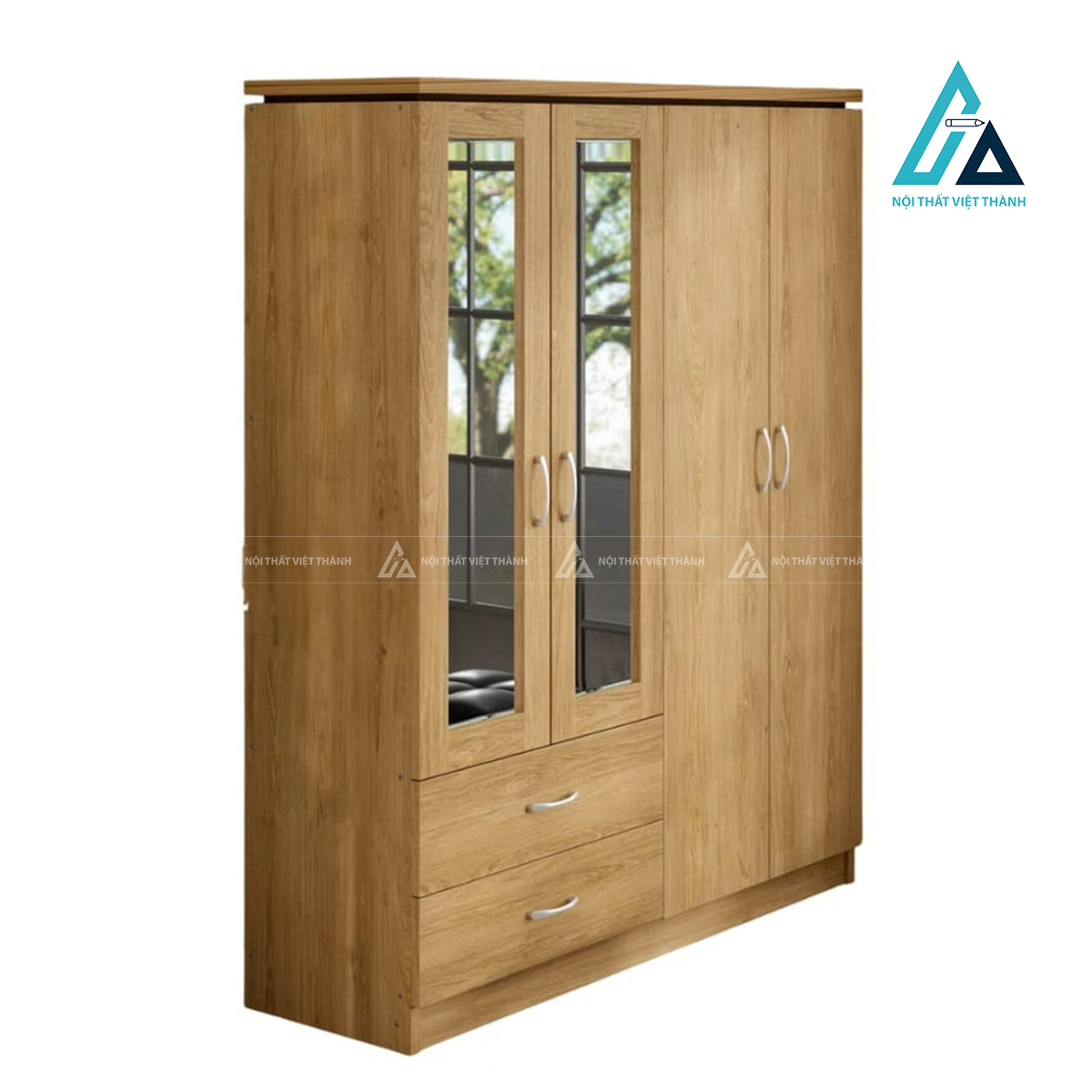 Tủ quần áo MDF 4 cánh màu gỗ tự nhiên có gương phủ melamine hiện đại 1