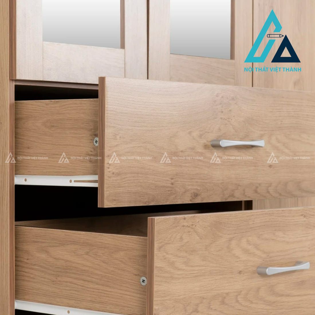 Tủ quần áo MDF 4 cánh màu gỗ tự nhiên có gương phủ melamine hiện đại 3