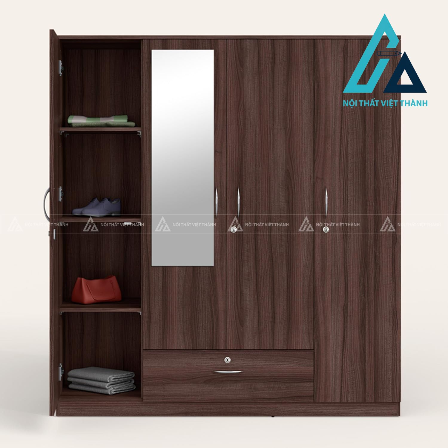 Tủ quần áo MDF 4 cánh màu nâu có gương sang trọng đa năng 1