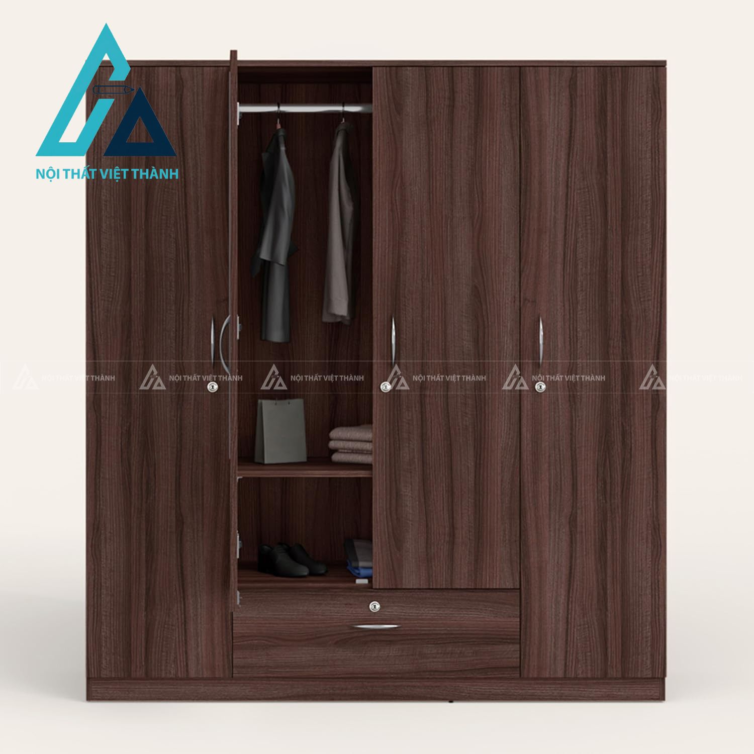 Tủ quần áo MDF 4 cánh màu nâu có gương sang trọng đa năng 2