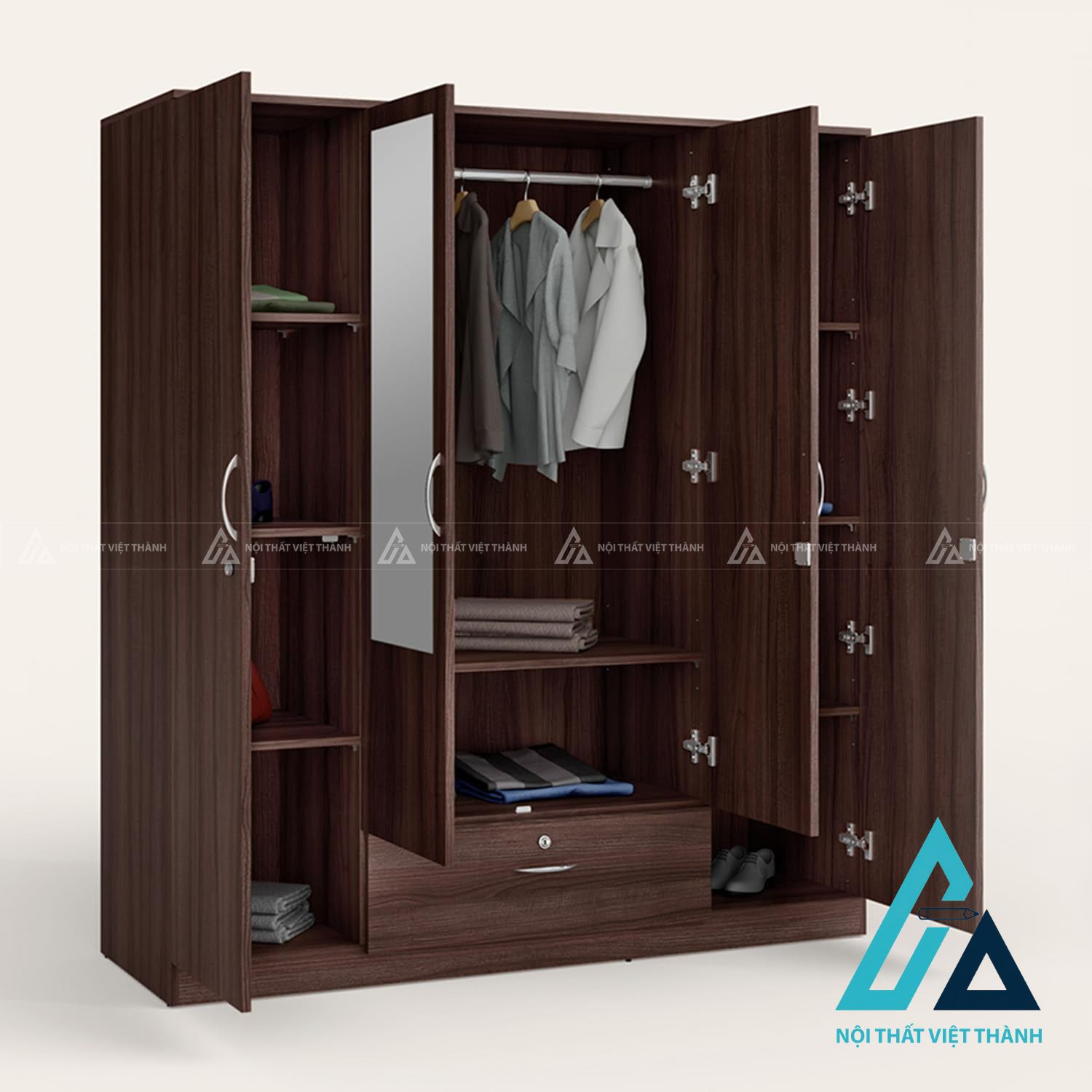 Tủ quần áo MDF 4 cánh màu nâu có gương sang trọng đa năng 3