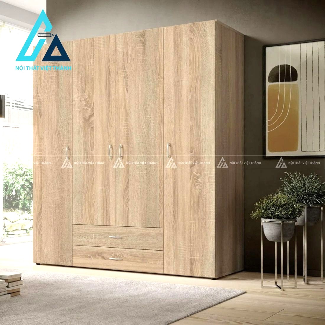 Tủ quần áo MDF 4 cánh màu nâu óc chó phủ Melamine hiện đại cao cấp
