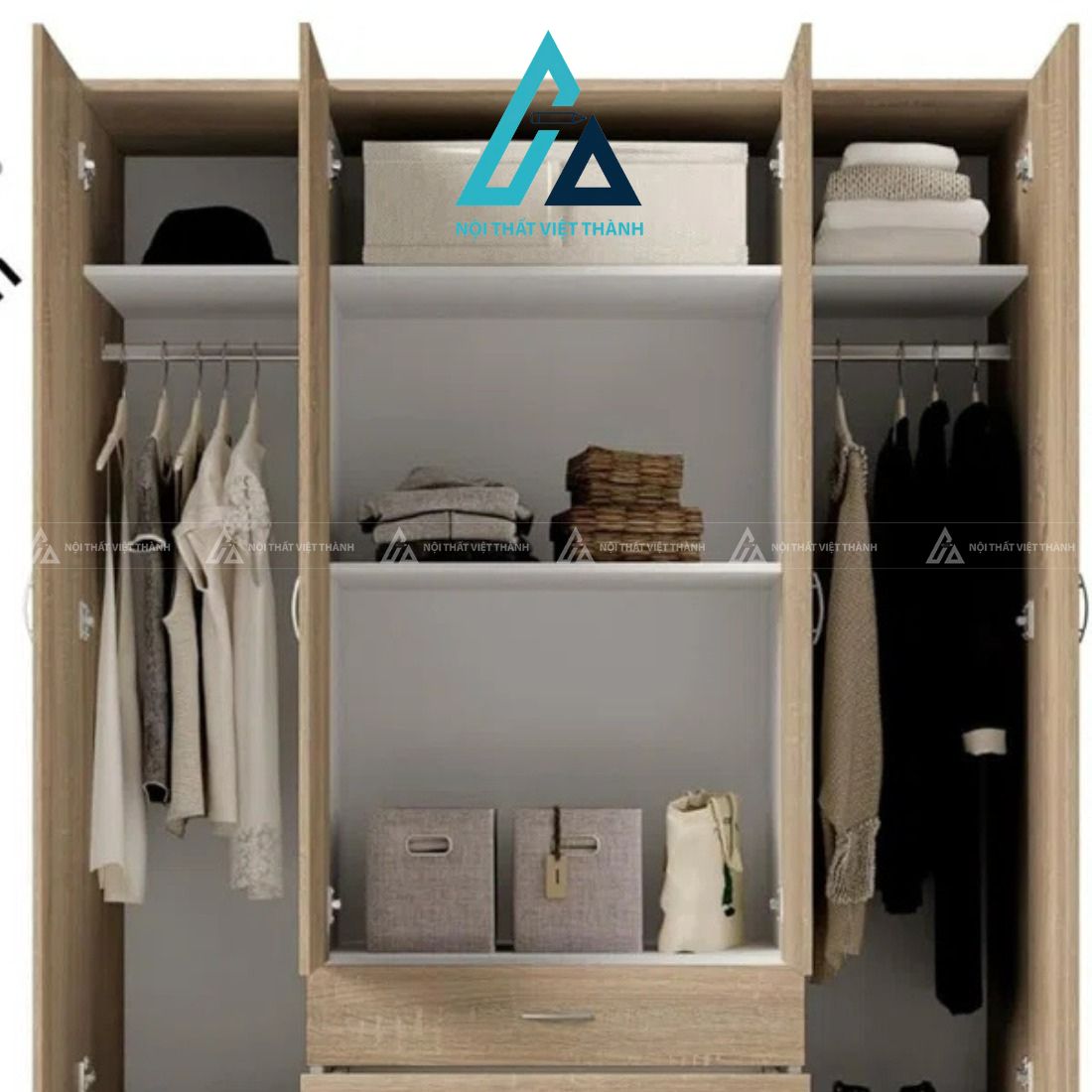 Tủ quần áo MDF 4 cánh màu nâu óc chó phủ Melamine hiện đại cao cấp 1