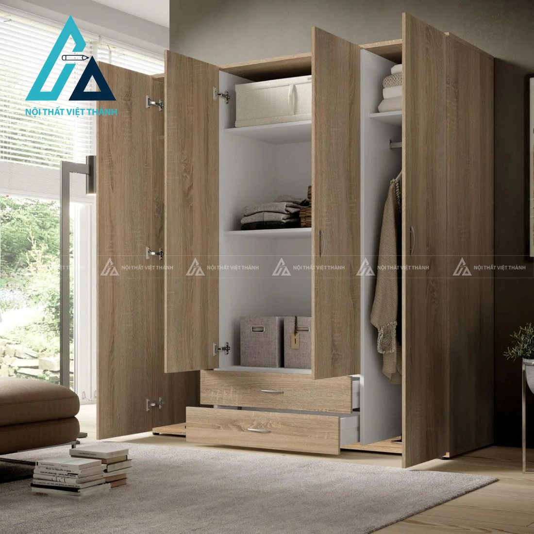 Tủ quần áo MDF 4 cánh màu nâu óc chó phủ Melamine hiện đại cao cấp 2